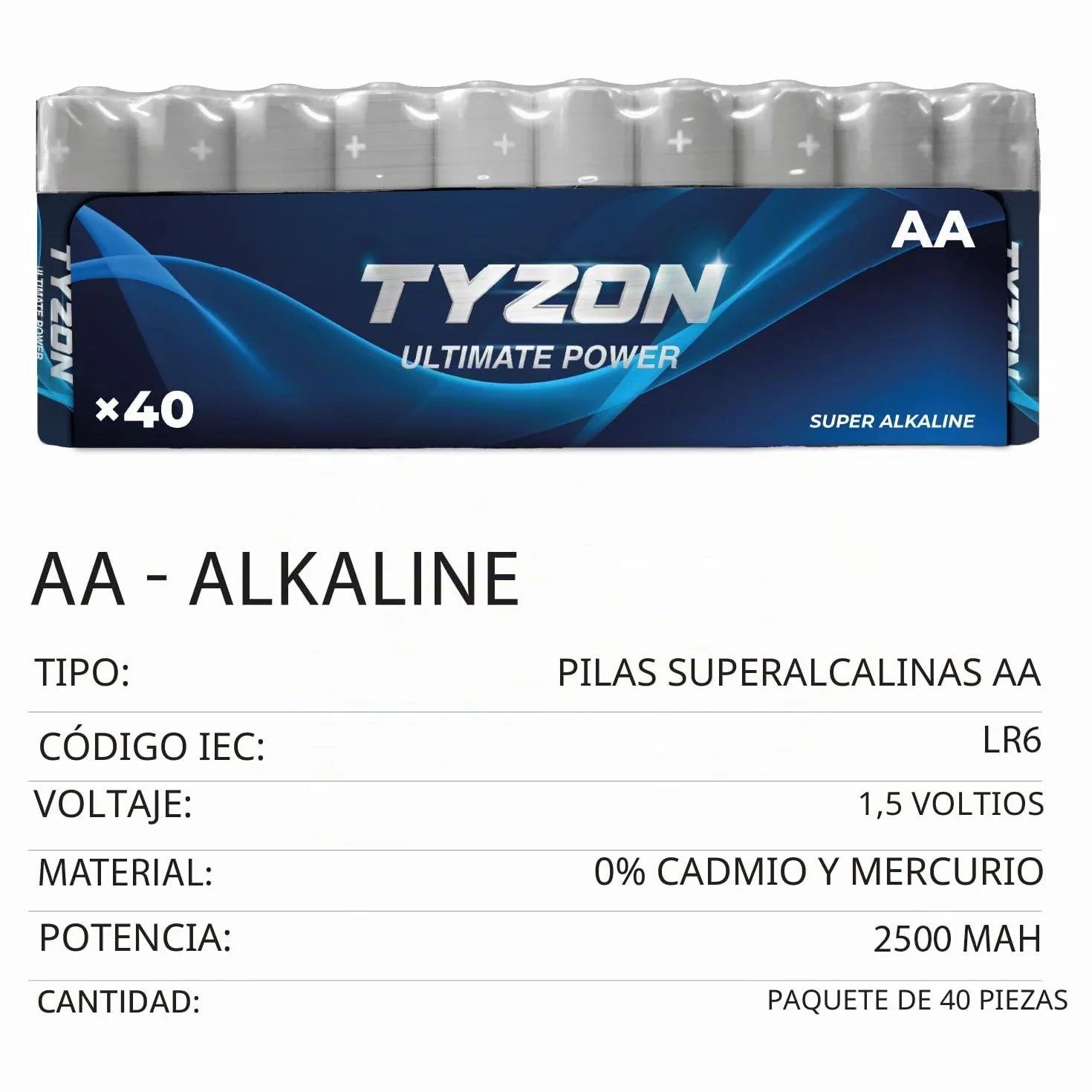 Tyzon Pilas AA Alcalinas 1,5 V, Pack de 40