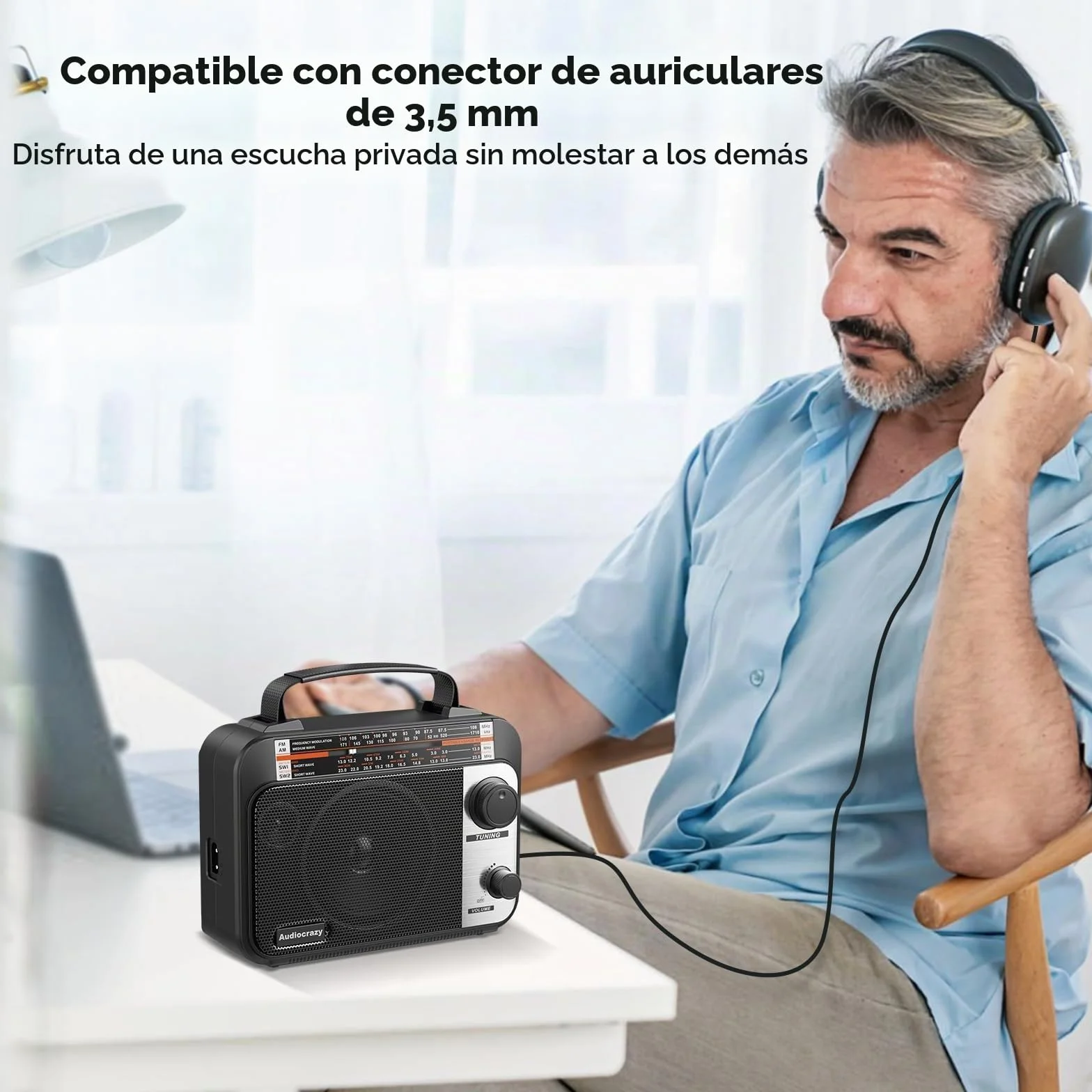 Radio Portátil FM/Am/SW 1-2, con Batería Recargable de 1000 mAh, Cable CA o Pilas, Radio Multibanda de Onda Corta Aux/Entrada para Auriculares,Negro