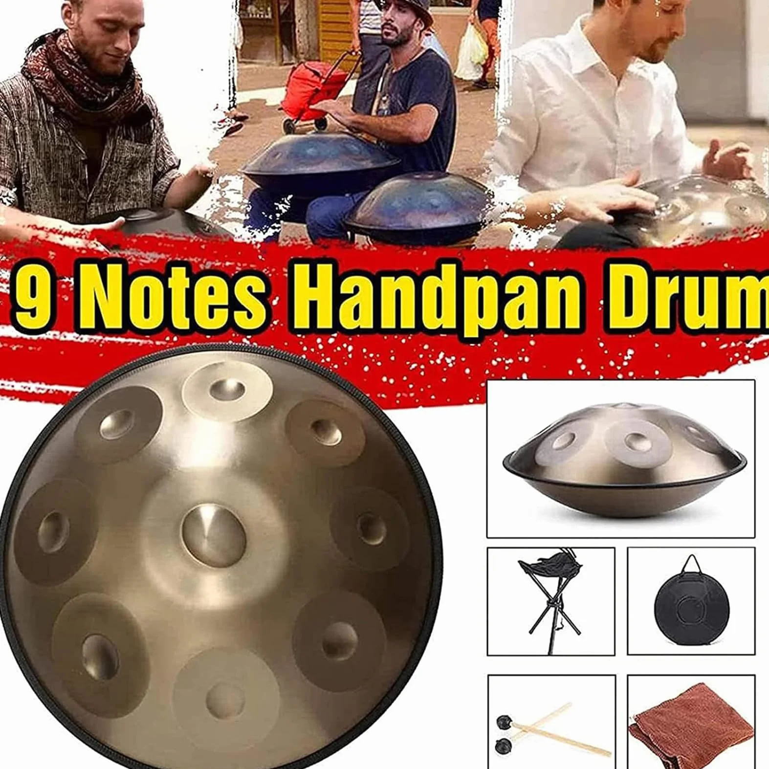 Instrumento de tambor Handpan, tambor de acero de 22 pulgadas en re menor, 9 notas 440 Hz percusión instrumentos musicales juego de batería de mano, hecho a mano,con soporte de mazo de bolsa -oro