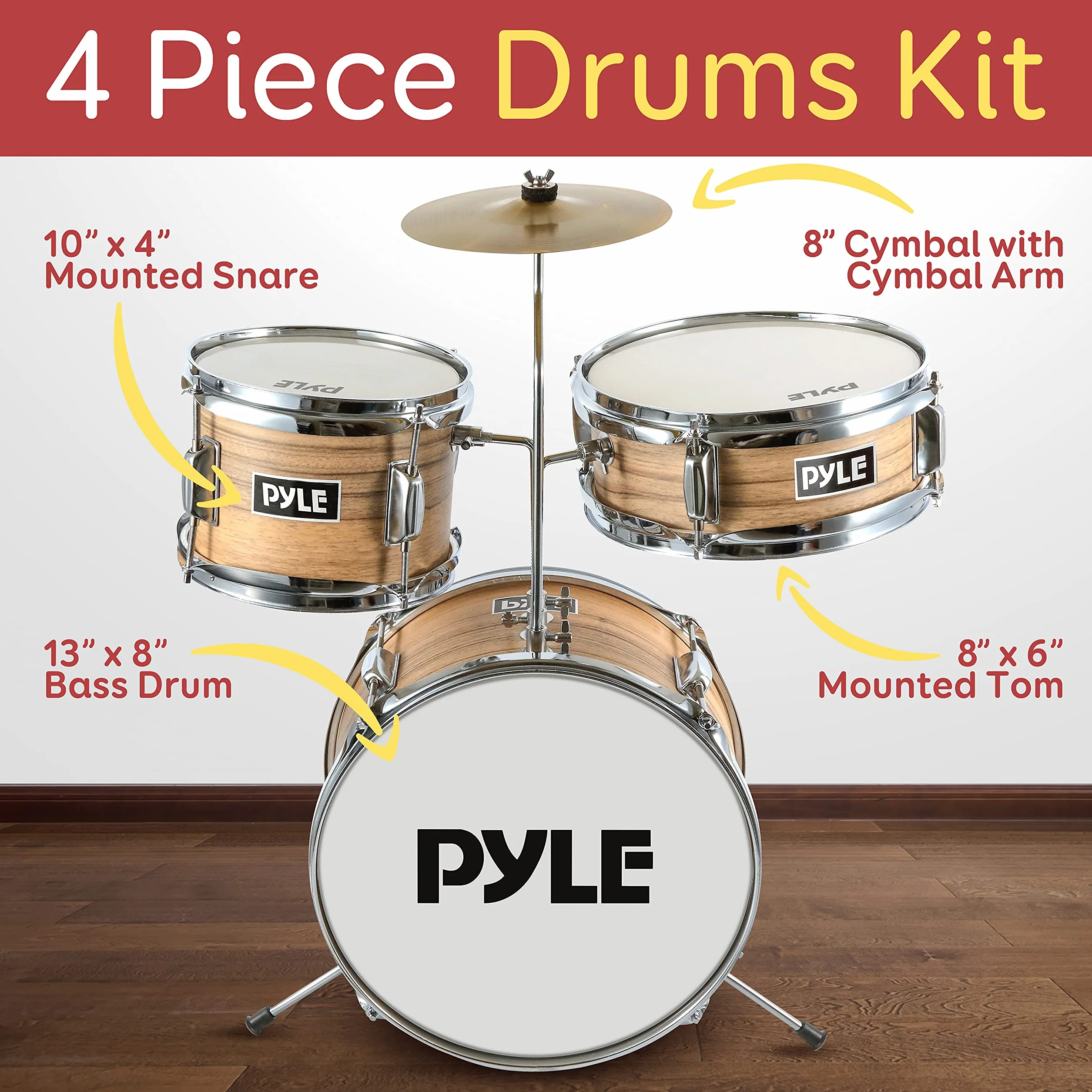 Pyle bateria infantil 5 años en adelante, Principiantes, Bombo de 13”, Snare, Tom, Platillo, Banqueta, Sordinas, Baquetas