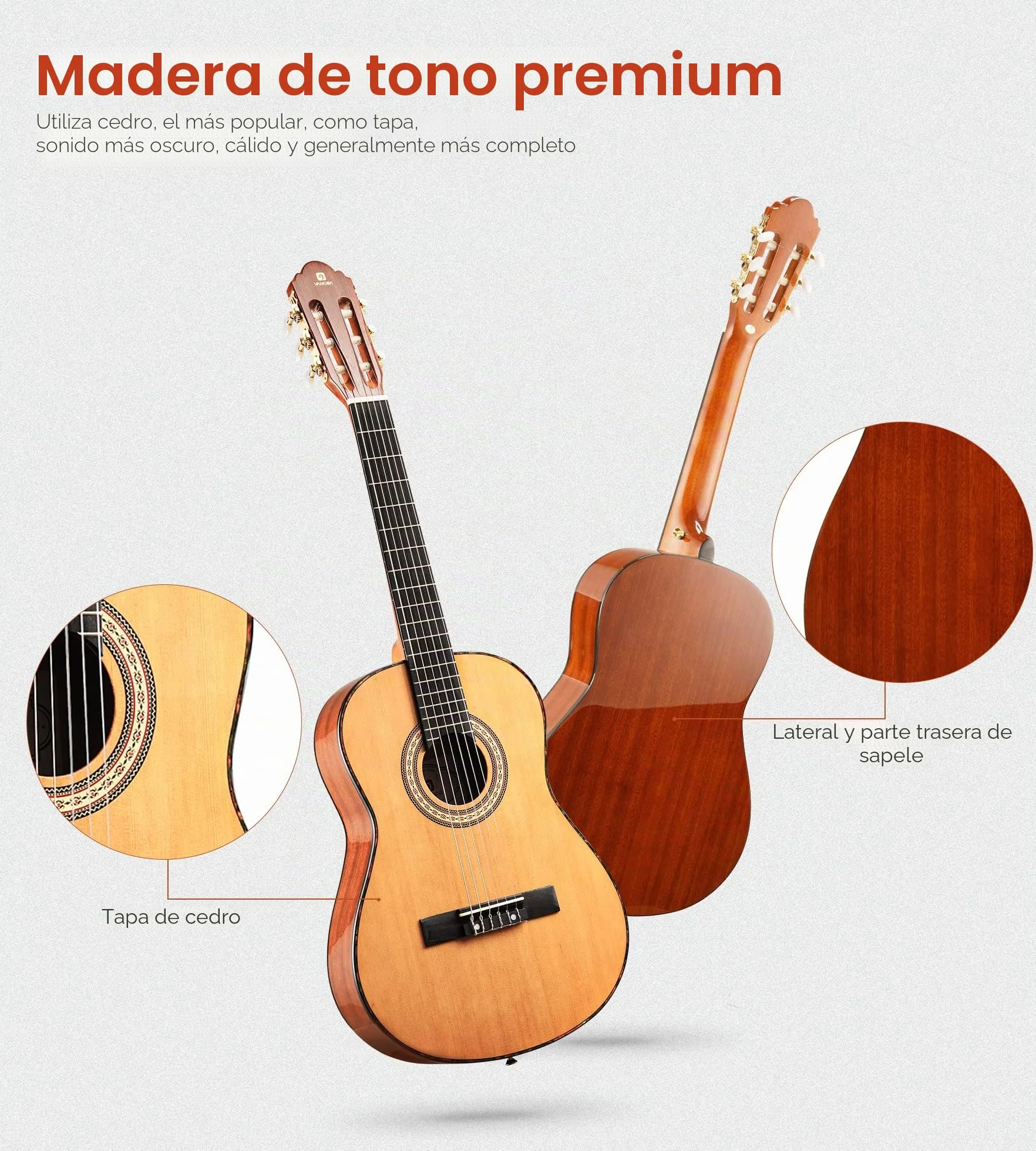 Vangoa Guitarra Clásica Española 4/4 Starter Set, Acústica De Sapeli Y Pino Rojo, Cuerdas De Nylon, Con Estuche, Pedal Y Afinador