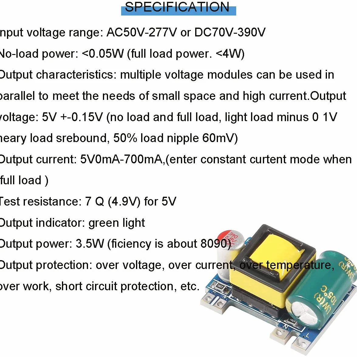 5 piezas AC-DC 5V 700mA 3.5W Módulo Buck Módulo de fuente de alimentación conmutada aislada Regulador Buck 220V a 5V Convertidor con cable rojo y negro
