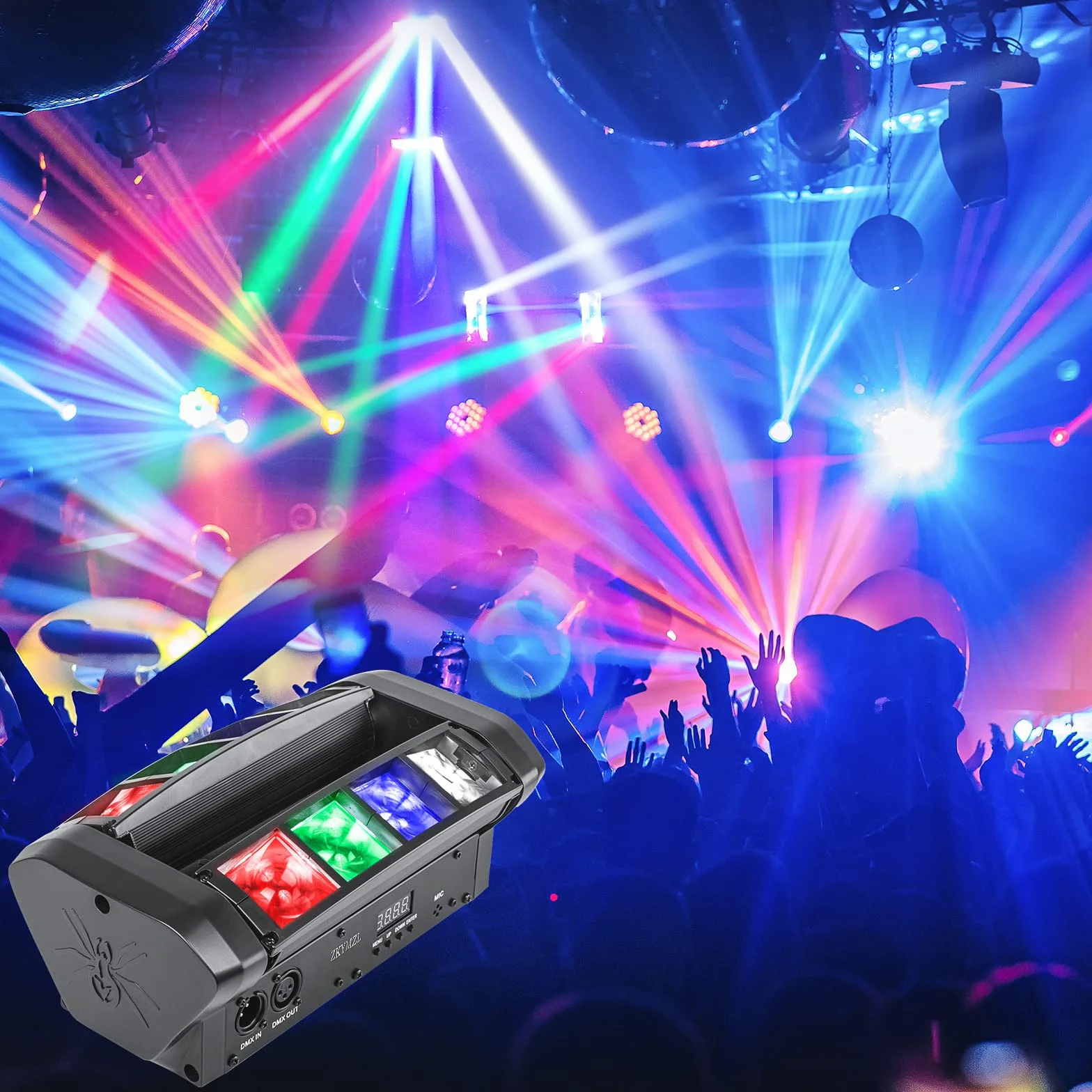 ZKYMZL Spider Moving Head Light LED Beam DJ Lights RGBW Sound Activated and DMX512 Control for Party Pub Disco Show Wedding Event Stage Lighting.