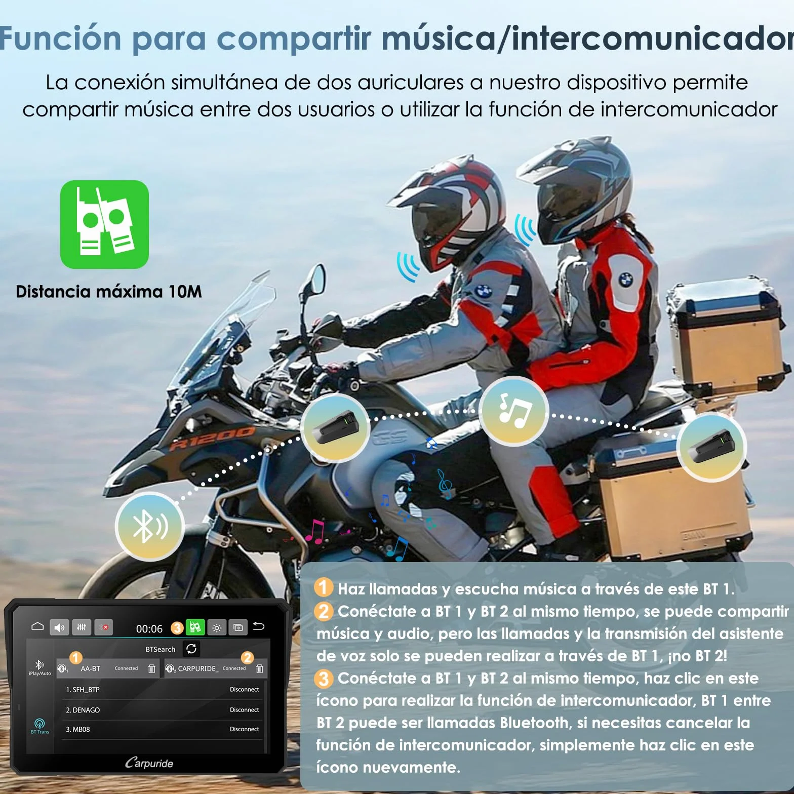 Carpuride W702T Pro Motocicleta Carplay Pantalla con TPMS Sistema, Inalámbrico CarPlay y Android Auto, 7" Impermeable Táctilpantalla, Dual Bluetooth, Intercomunicador Función, Nav, Brújula, Barómetro.