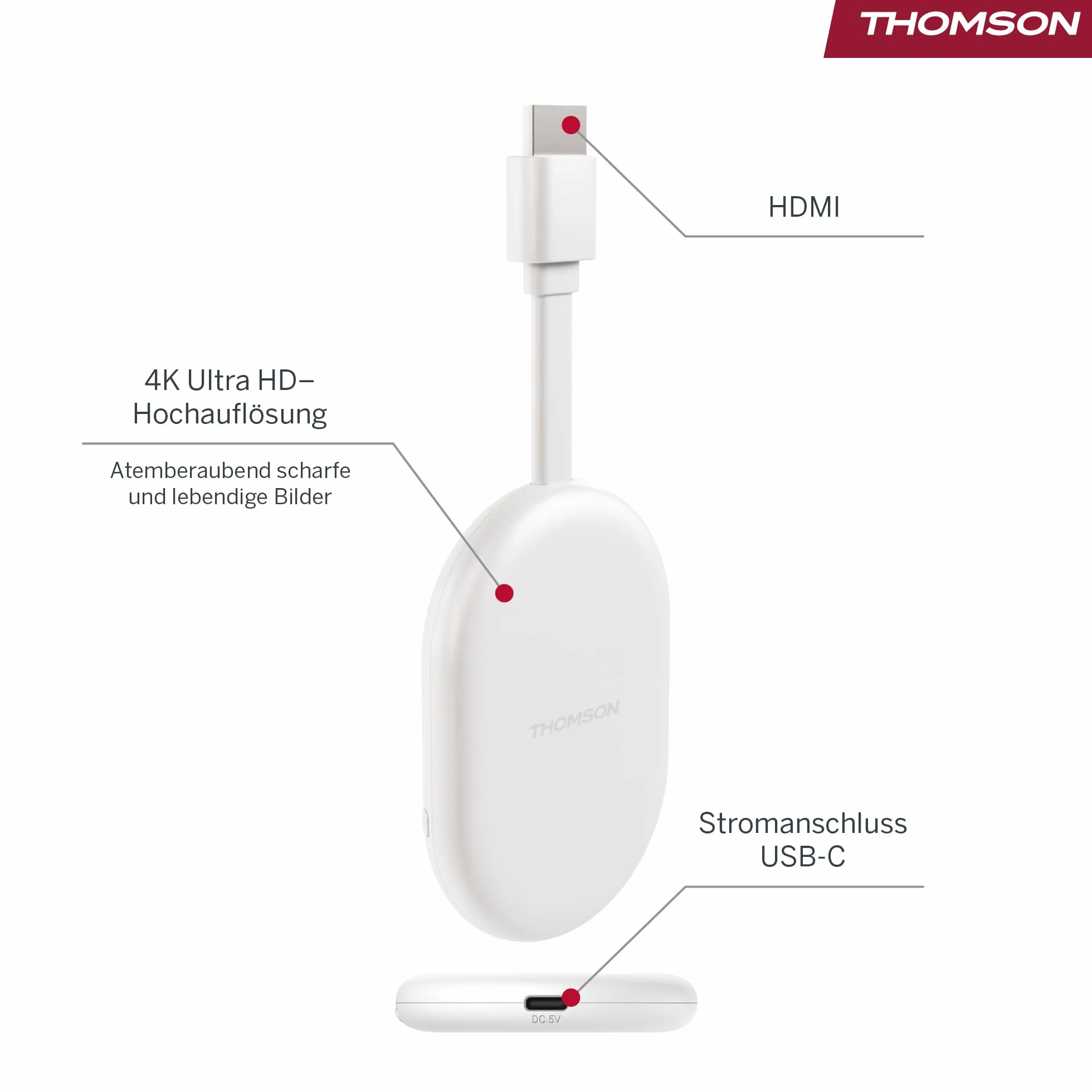 Thomson Go Cast 152 Dongle de Streaming, 4K UHD Google TV, Control por Voz, Google Cast, Dolby Atmos, Dolby Digital+, HDR10, Portátil, 2 GB RAM, 32 GB Memoria – Blanco