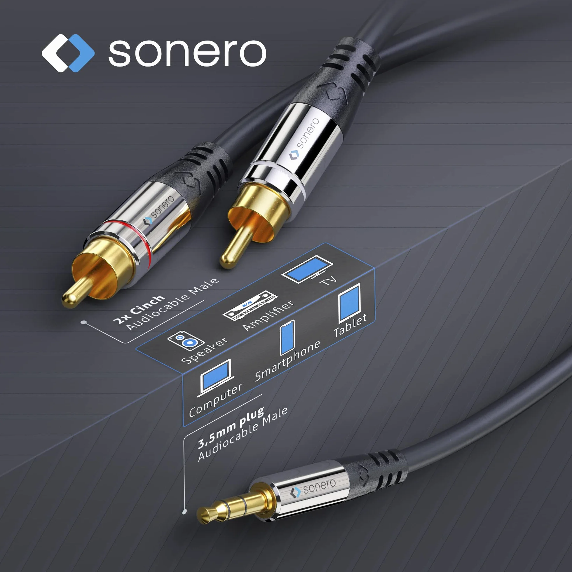 Sonero® Premium cable cinch de 15,0 m, 2x cables cinch a jack de 3,5 mm, cable de audio, sistema de alta fidelidad, AUX, negro