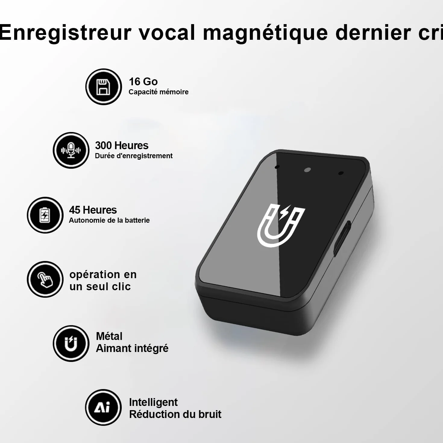 Grabadora de voz magnética de 16 GB con reducción de ruido, puerto USB-C recargable para estudios, conferencias, reuniones, entrevistas, grabadora de audio portátil con auriculares, fácil de usar