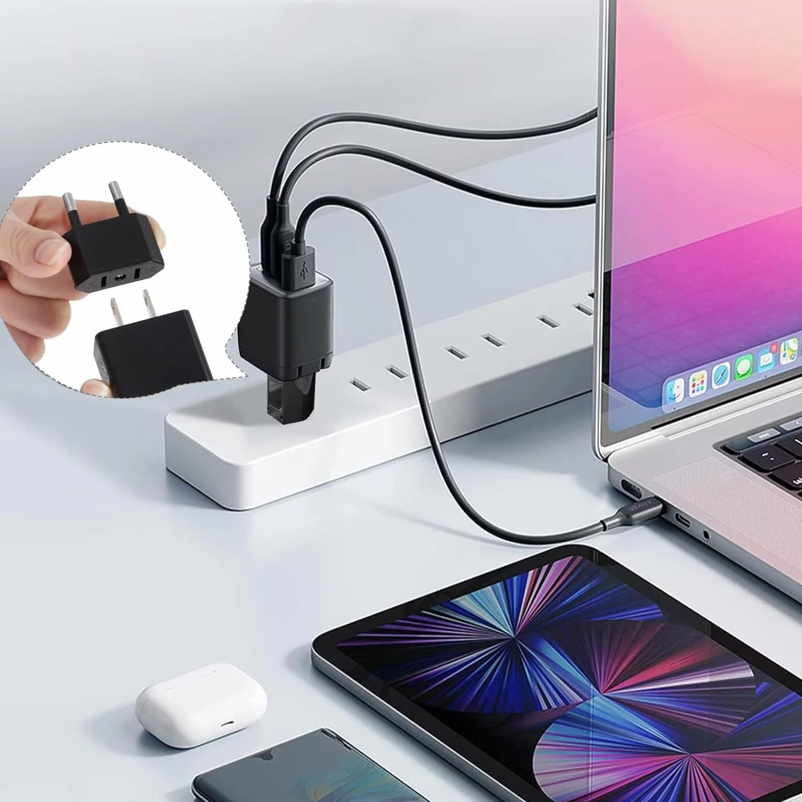 Adaptador Enchufe Americano a Europeo 4 Piezas, USA a España, Negro Compacto Viaje