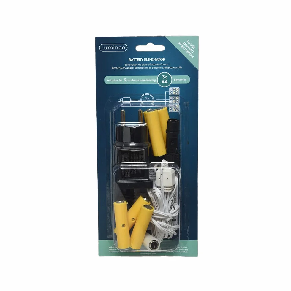 Eliminador de pilas 4.5V para interior, compatible con dispositivos de 3xAA, ideal para conectar múltiples aparatos eléctricos.