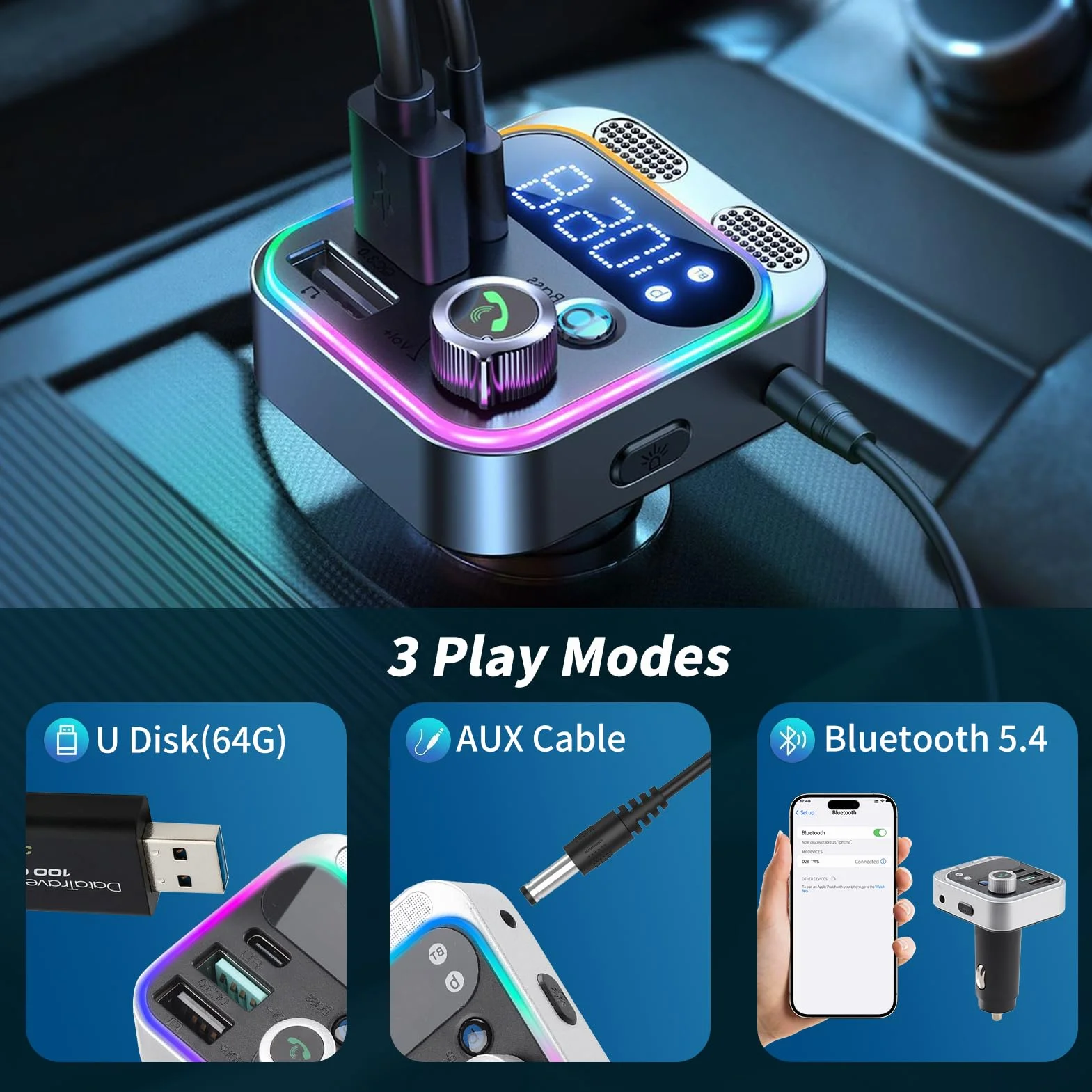 Transmisor FM Bluetooth Coche 48W con PD 30W y QC 18W, Manos Libres con Micrófonos Duales, Bluetooth 5.4, Graves Potentes Hi-Fi, Adaptador Mechero con USB y Luz LED Ambiental