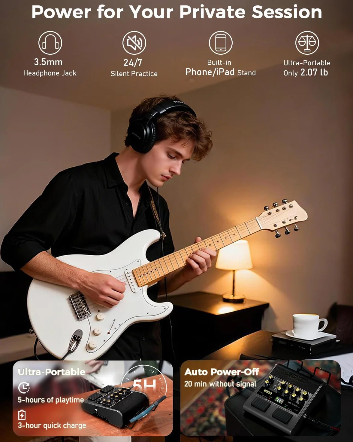JOYO Amplificador Combo de Guitarra, 10 W, portátil, con pedal de efectos múltiple – 14 modelos de amplificación, ecualizador de 3 bandas, 36 ritmos y looper, grabación OTG, Bluetooth (Jam Buddy II