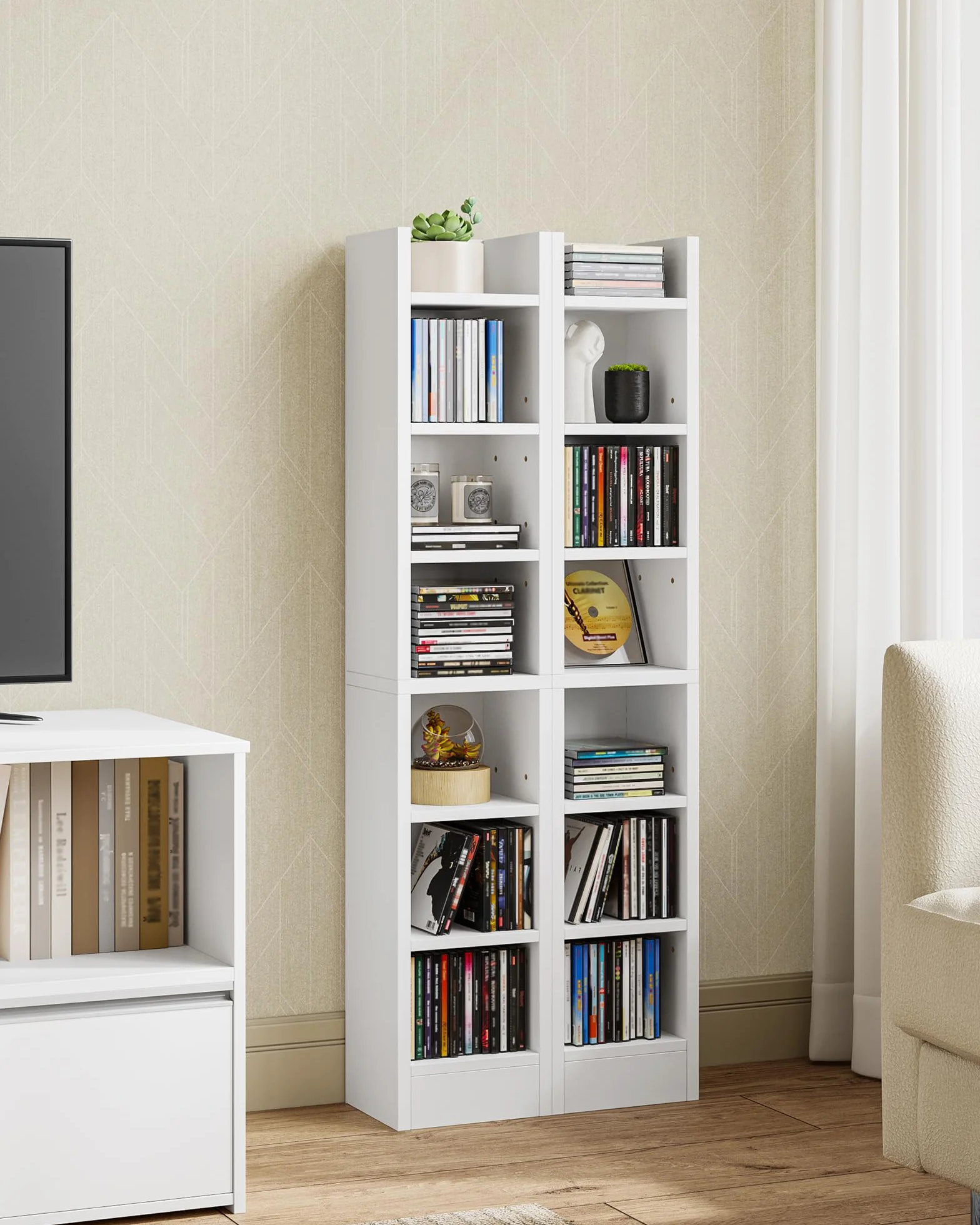 Hzuaneri Estanterías para CD o DVD Soportes, 14 Compartimientos, para 272 CDs, Estante Ajustable para Salón, Oficina, 17 x 20 x 213 cm, Blanco CR21403XV1