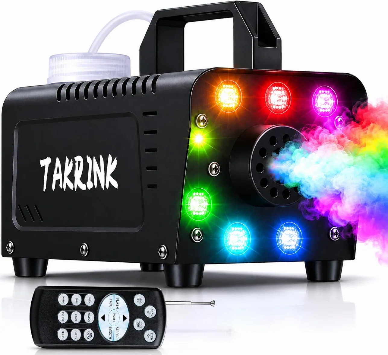TAKRINK Máquina de Humo 900W con 8 Luces LED RGB de 16 Colores Control Remoto Inalámbrico y Niebla Automática Fog Machine Portátil para Fiestas Bodas Discotecas DJ y Eventos Especiales