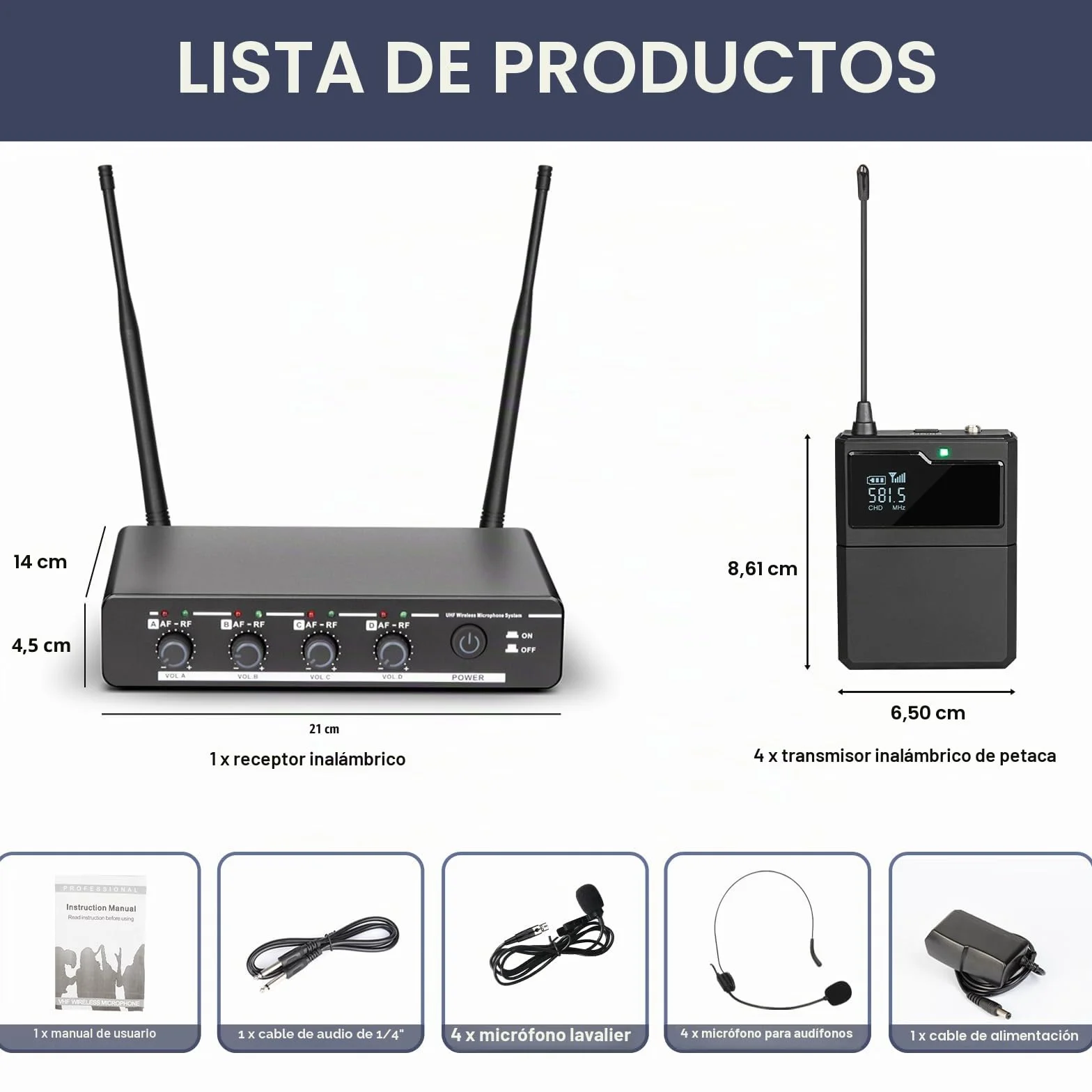 Depusheng R6 Juego de micrófono inalámbrico de 4 Canales con micrófono Lavalier y micrófono Auricular, Receptor de Metal, Ideal para Cantar, Karaoke, Fiestas, Bodas