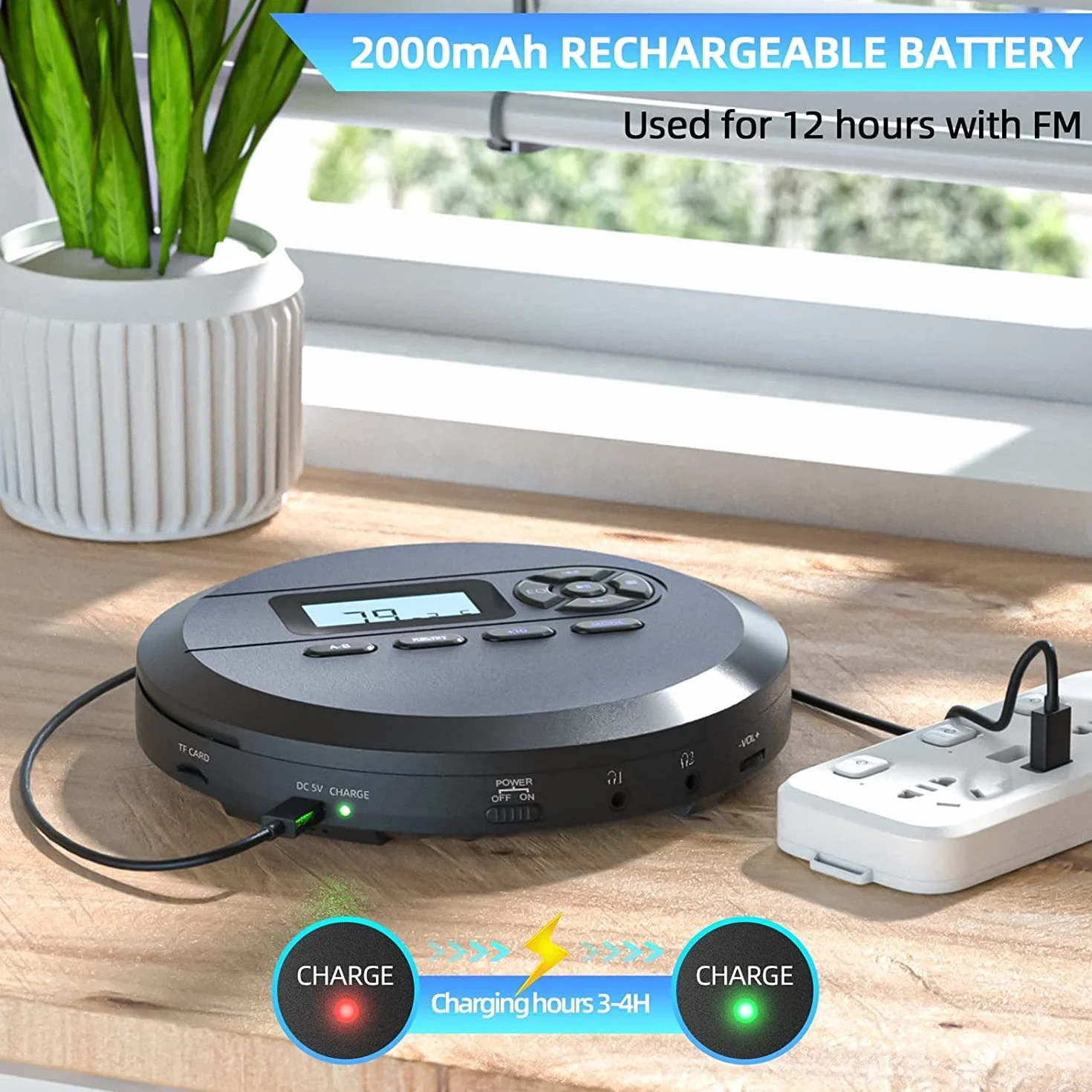 DESOBRY Reproductor CD Portátil con Altavoces FM, 2000 mAh, Pantalla LCD