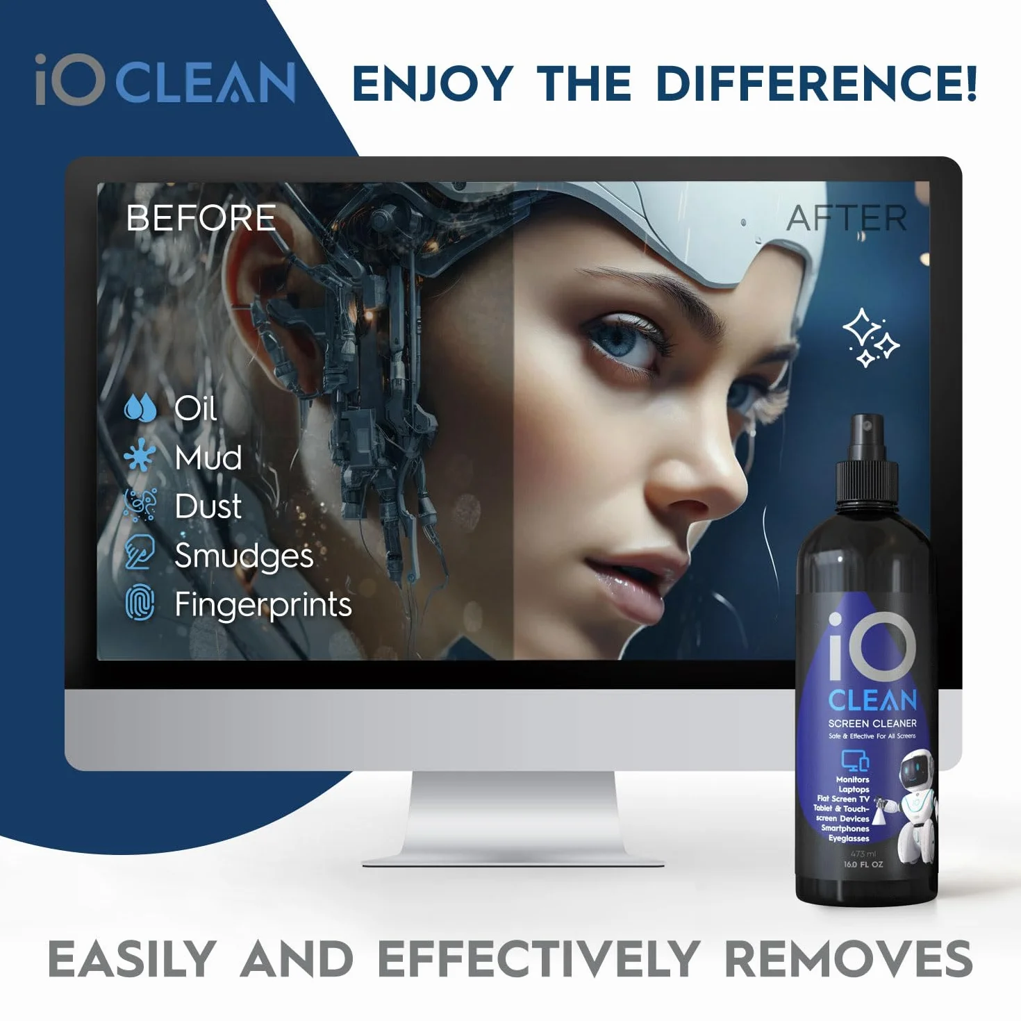 iO Clean Spray Limpiador de Pantalla 16 oz (473 ml) Kit de Limpieza Grande para TV LCD LED OLED