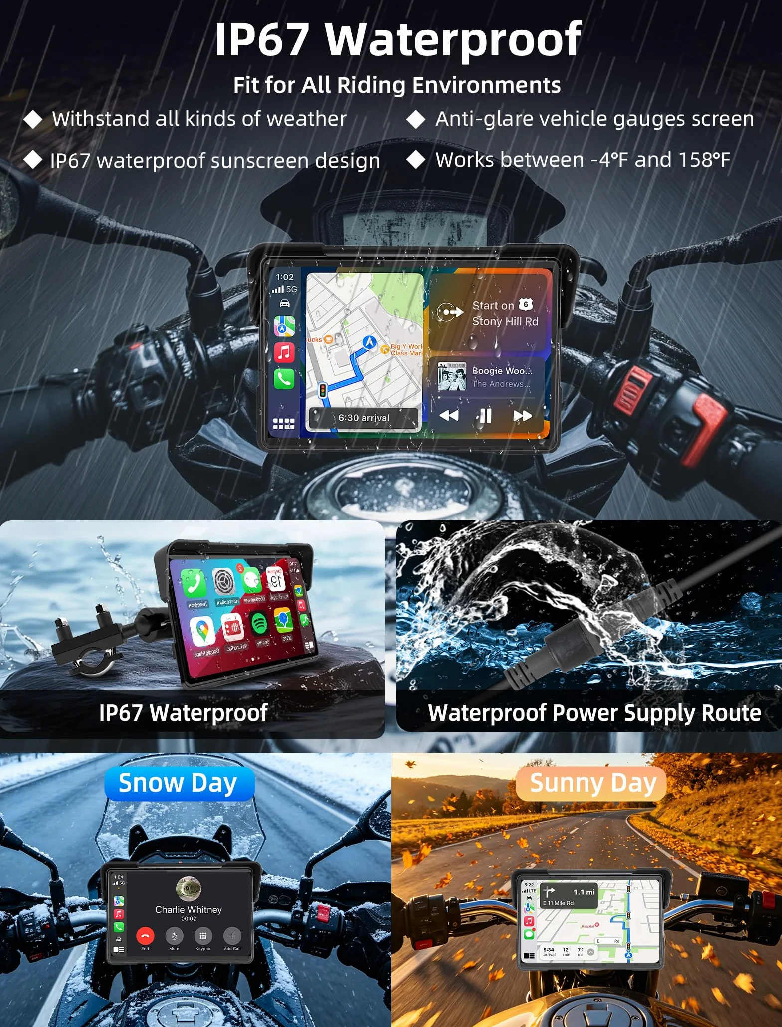 Jansite 7 Pulgadas Carplay Moto con 2 Métodos de Alimentación, Android Auto Navegador GPS con Pantalla de Motocicleta Impermeable 2.5D IPS, Bluetooth Dual Siri/G-oogle Assistant