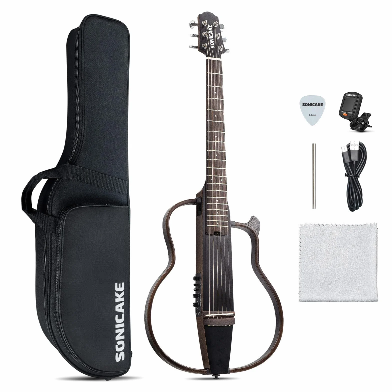 SONICAKE Guitarra Acústica-Eléctrica Portátil Cuerpo de Caoba Maciza, Marcos Fáciles de Montar, Preamplificador Sim de Múltiples Formas de Cuerpo, Funda y Accesorios QGT-01