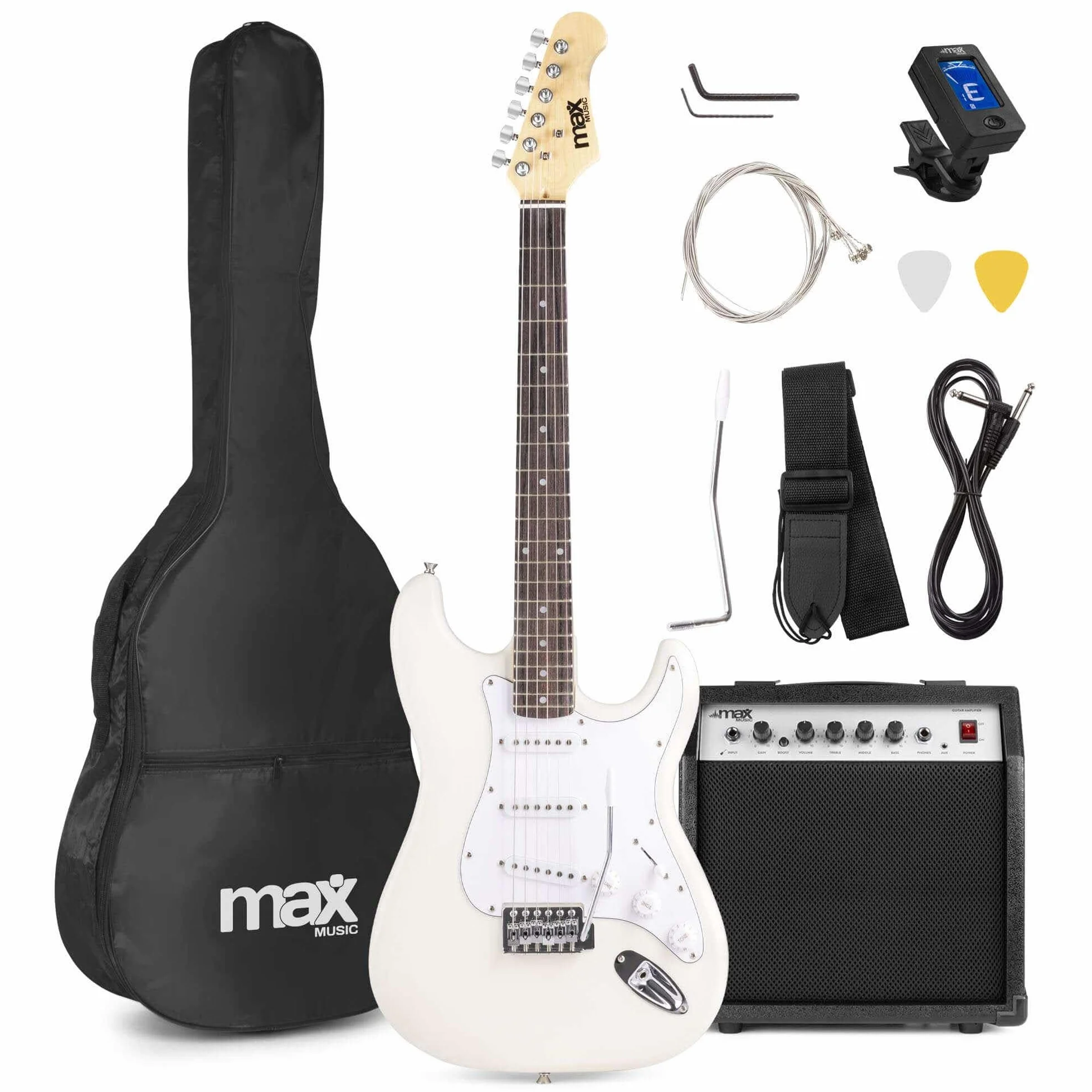 MAX GigKit kit completo de guitarra eléctrica blanco con amplificador de 40W, soporte, funda, afinador digital, cable de instrumento, correa ajustable, púas y cuerdas de repuesto incluidas