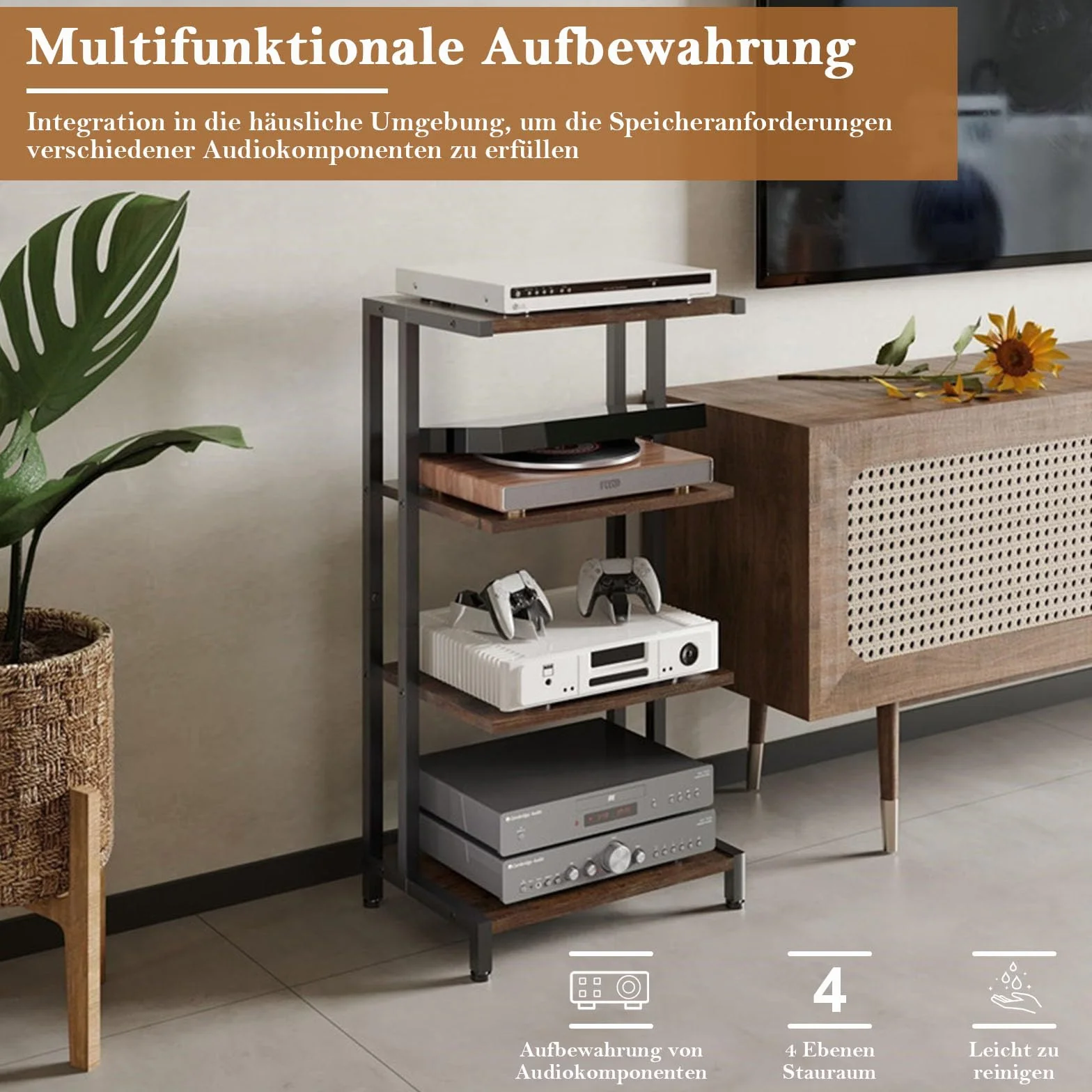 W&H Estante HiFi de madera de 4 niveles, soporte para tocadiscos para álbumes y discos, estantes y soportes estéreo con compartimentos de almacenamiento para reproductores de DVD decodificadores de TV