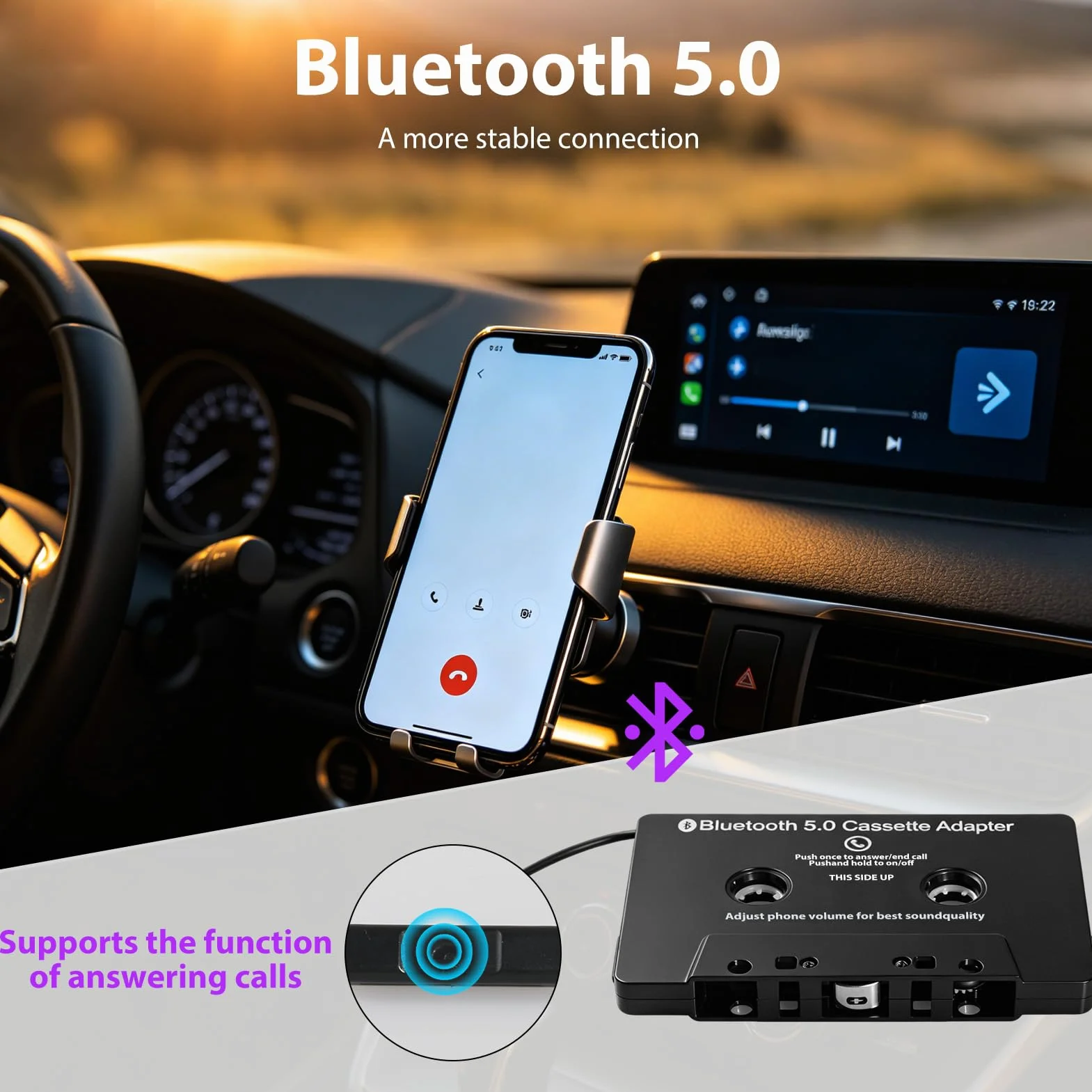 Cassette Bluetooth Coche 5.0 Adaptador de Audio Inalámbrico con Manos Libres Incorporado para Llamadas Claras Compatible con Smartphone Reproductor MP3 y Radio de Coche Clásico Negro