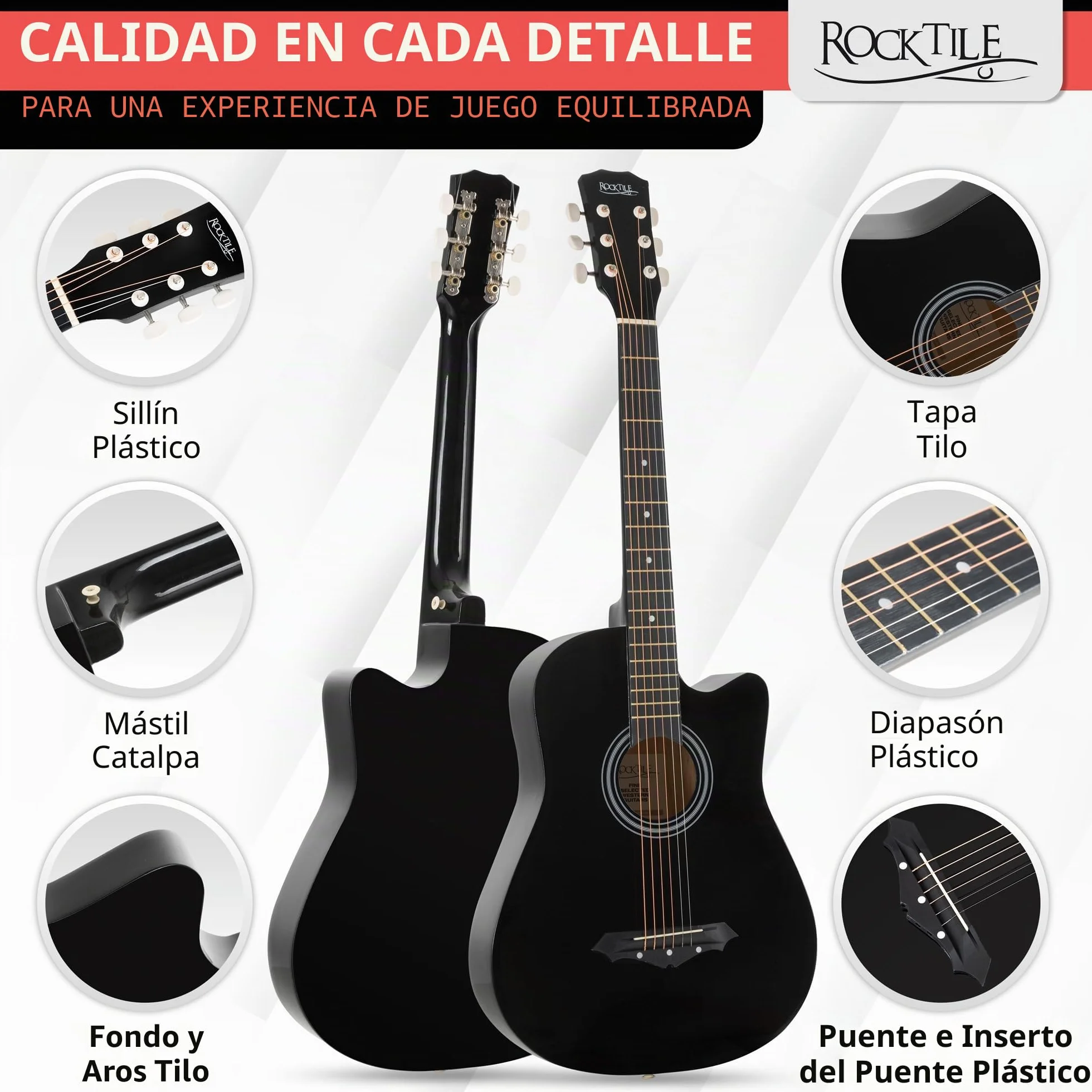 Rocktile WSD-5C-BK Slim Line Set De Guitarras Western - Guitarra Acústica Dreadnought - Cuerpo De Tilo - Mástil: Catalpa - Set Incluye Funda, Cuerdas De Repuesto, Correa Y Púas - Negro