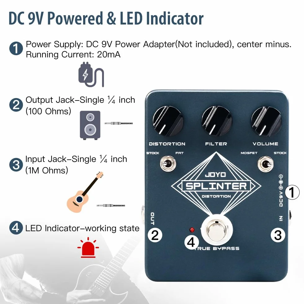 JOYO Pedal de Efectos de Guitarra de Distorsión con MOSFET Seleccionable y FAT Clipping, Distorsión de Refuerzo Grueso - True Bypass (SPLINTER JF-21)