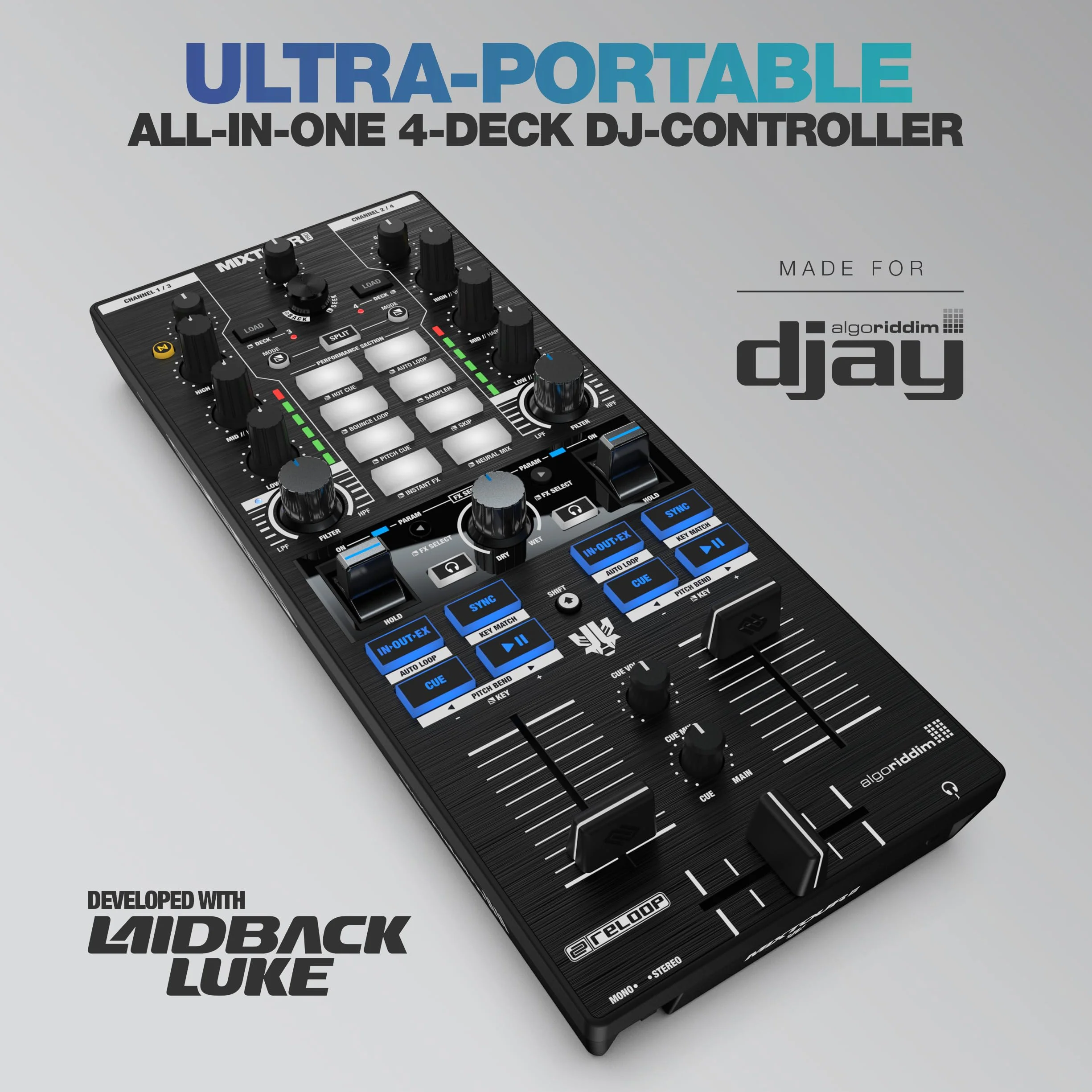 Reloop Mixtour Pro - Controlador de DJ ultraportátil todo en uno de 4 decks para Algoriddim djay Pro