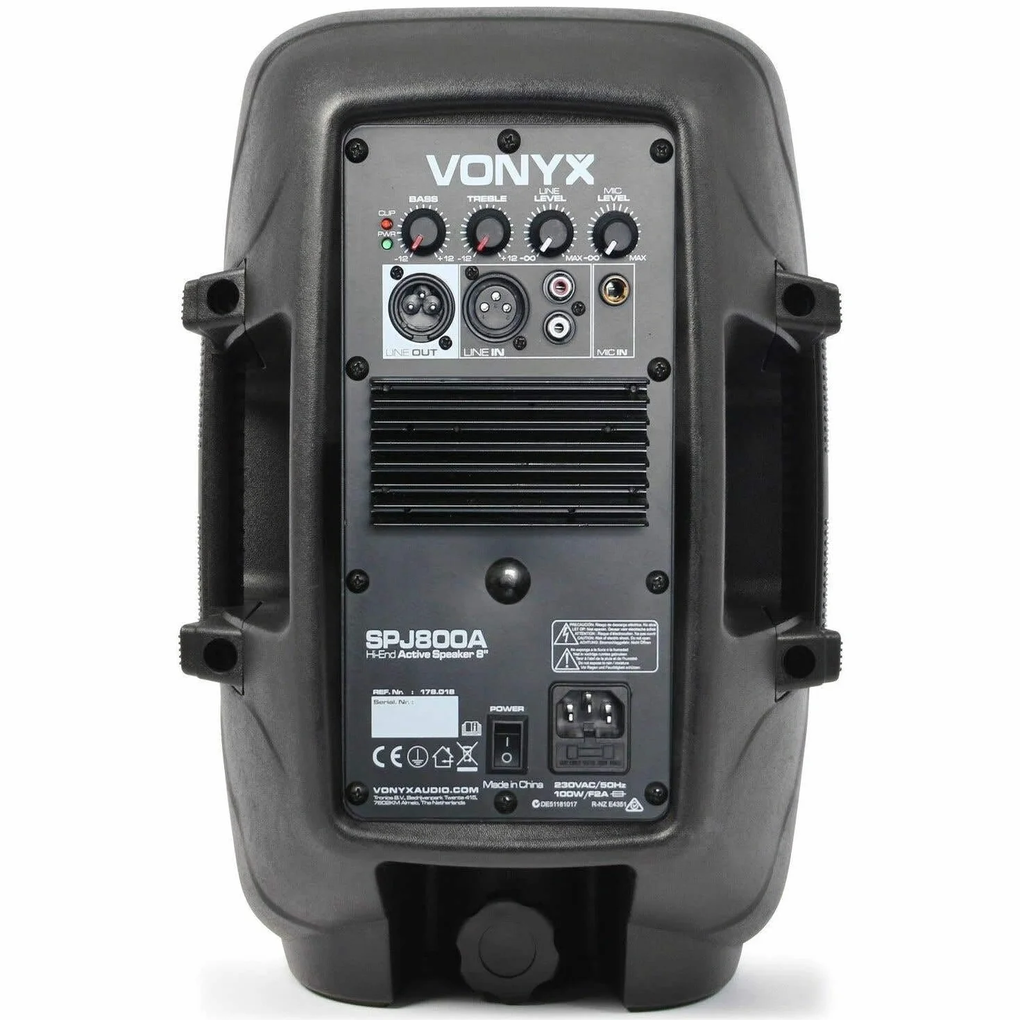 Vonyx SPJ-800A - Altavoz Auto Amplificado woofer de 8" 200W Construido en ABS Entrada de línea y micrófono, Control de Graves y Agudos y Salida de línea