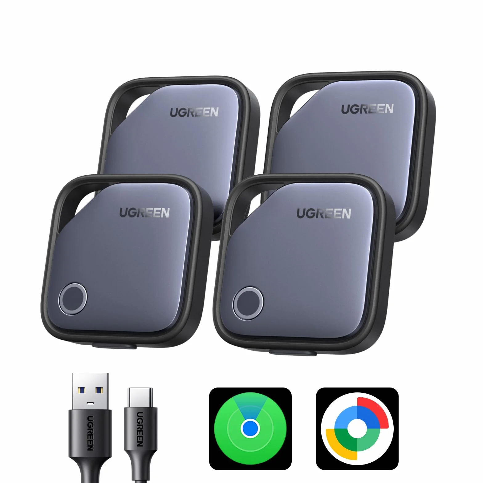 UGREEN FineTrack Duo Soporte iOS Find My o Android Find Hub Smart Finder Carga USB C Localizador Bluetooth SmartTag Tracker Rastreador para Llaves Equipaje Cartera Bicicleta Mochila Bolso(4 Piezas)