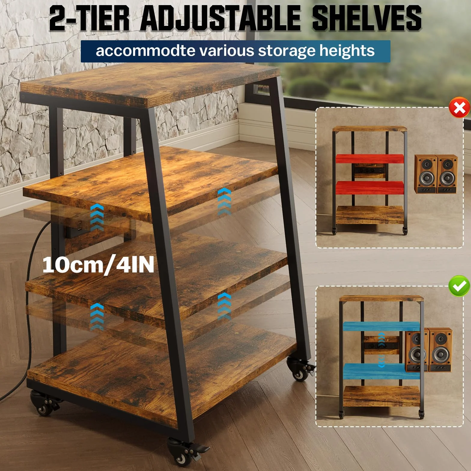 Mueble HiFi con 4 estantes de madera, soporte para mueble de cadena HiFi para platino, vinilo, mueble de audio, vídeo, giro disco/TV estéreo/reproductor de DVD, altura ajustable, capacidad de carga 50