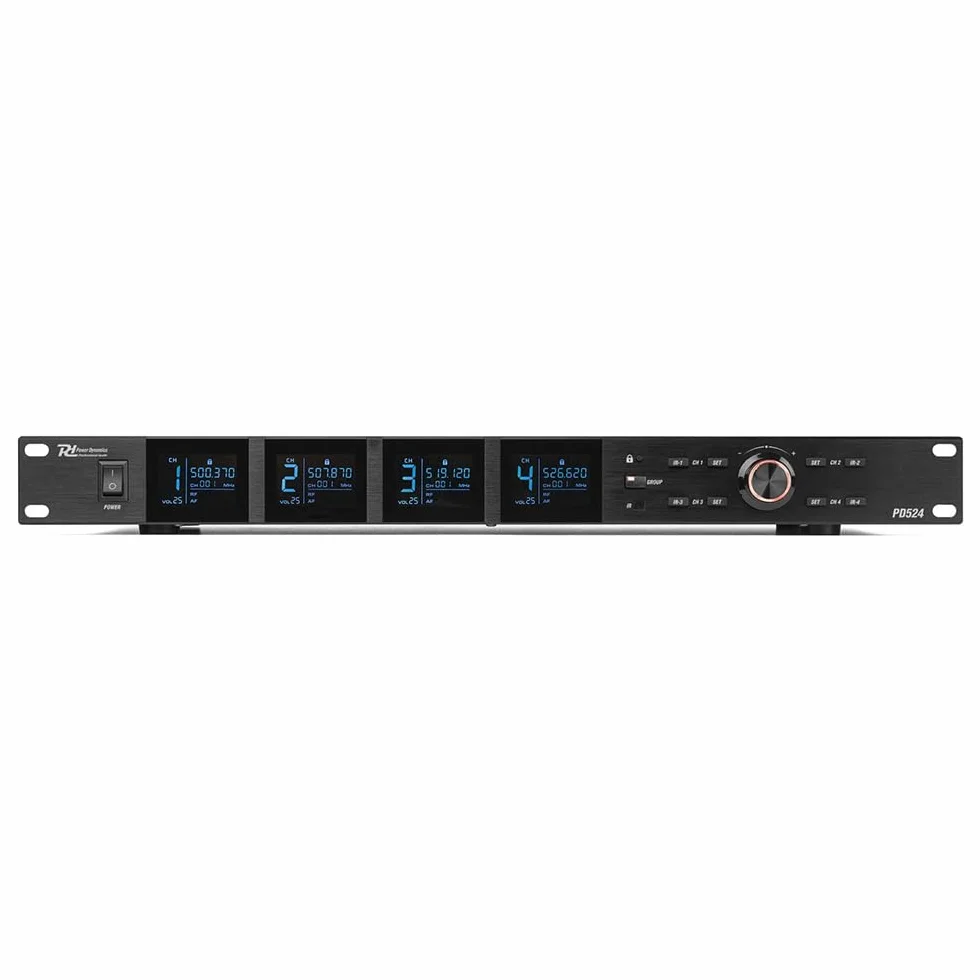 Power Dynamics PD524B Sistema de micrófono inalámbrico UHF con 4X Bodypacks, Micro de Solapa inalámbrico, Micro de Diadema inalámbrico, Recargable por USB, transmisión Infrarrojos, Ideal para Eventos
