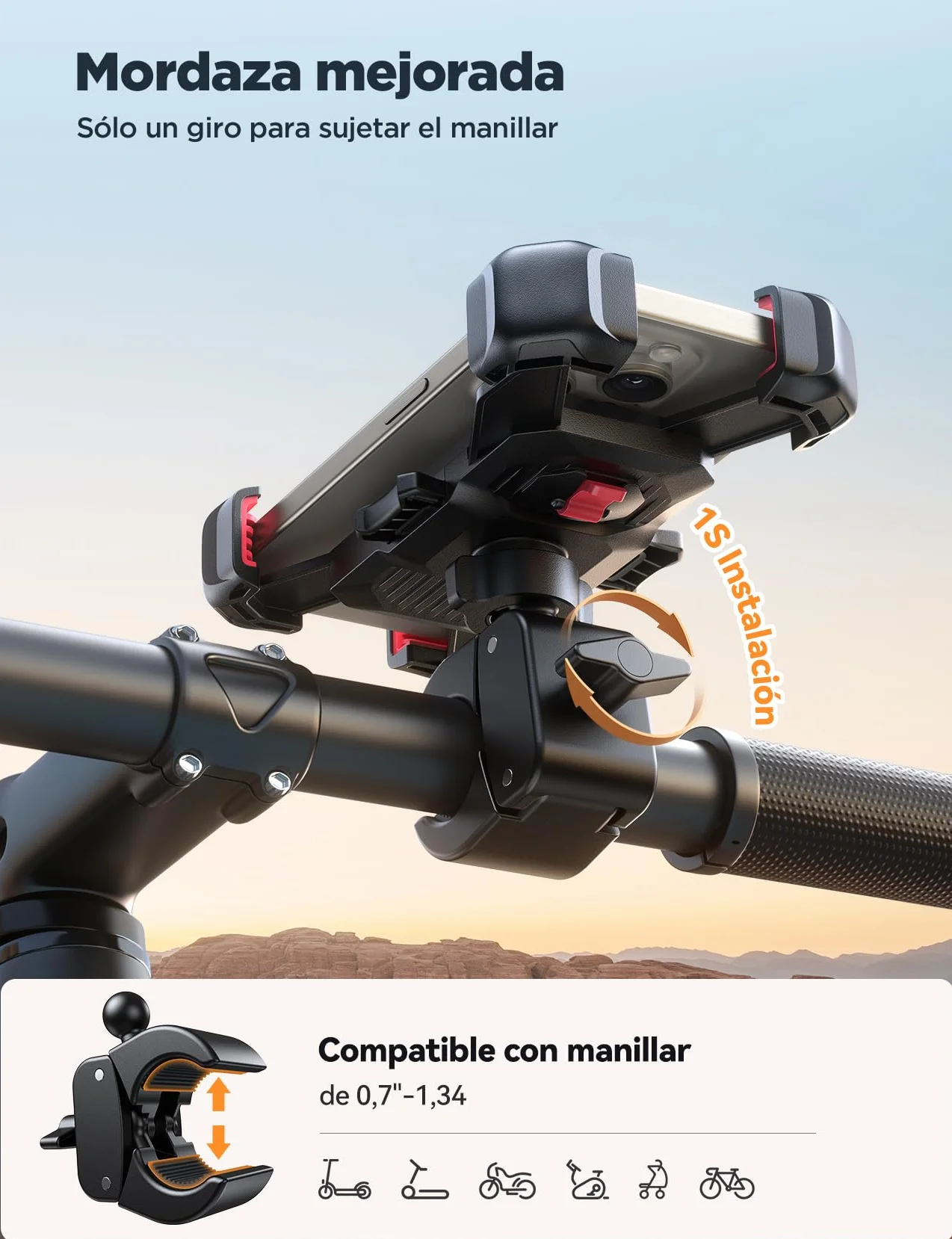 JOYROOM Soporte Movil Bicicleta Antivibracion Universal Porta Manillar para iPhone 17 Samsung S25 4.7"-7" Smartphone