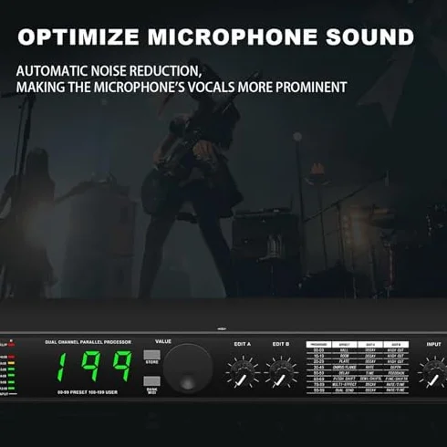 Procesador ecualizador de audio digital con 199 efectos preestablecidos, chip DSP de 24 bits, reducción automática de ruido para rendimiento de estudio y escenario