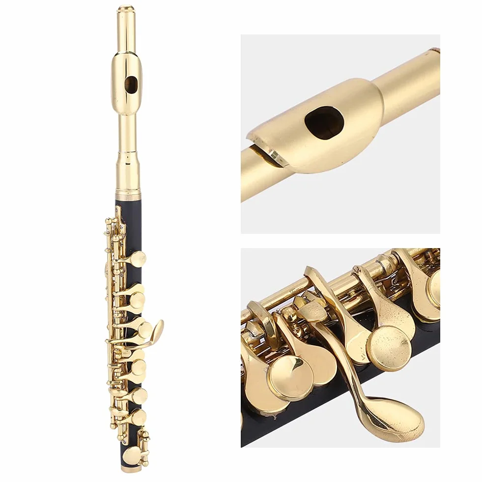 C Key Piccolo 2 Colores Piccolo Ottavino Flauta de Tamaño Medio Plateada C Key Tone con Caja Acolchada (Oro)
