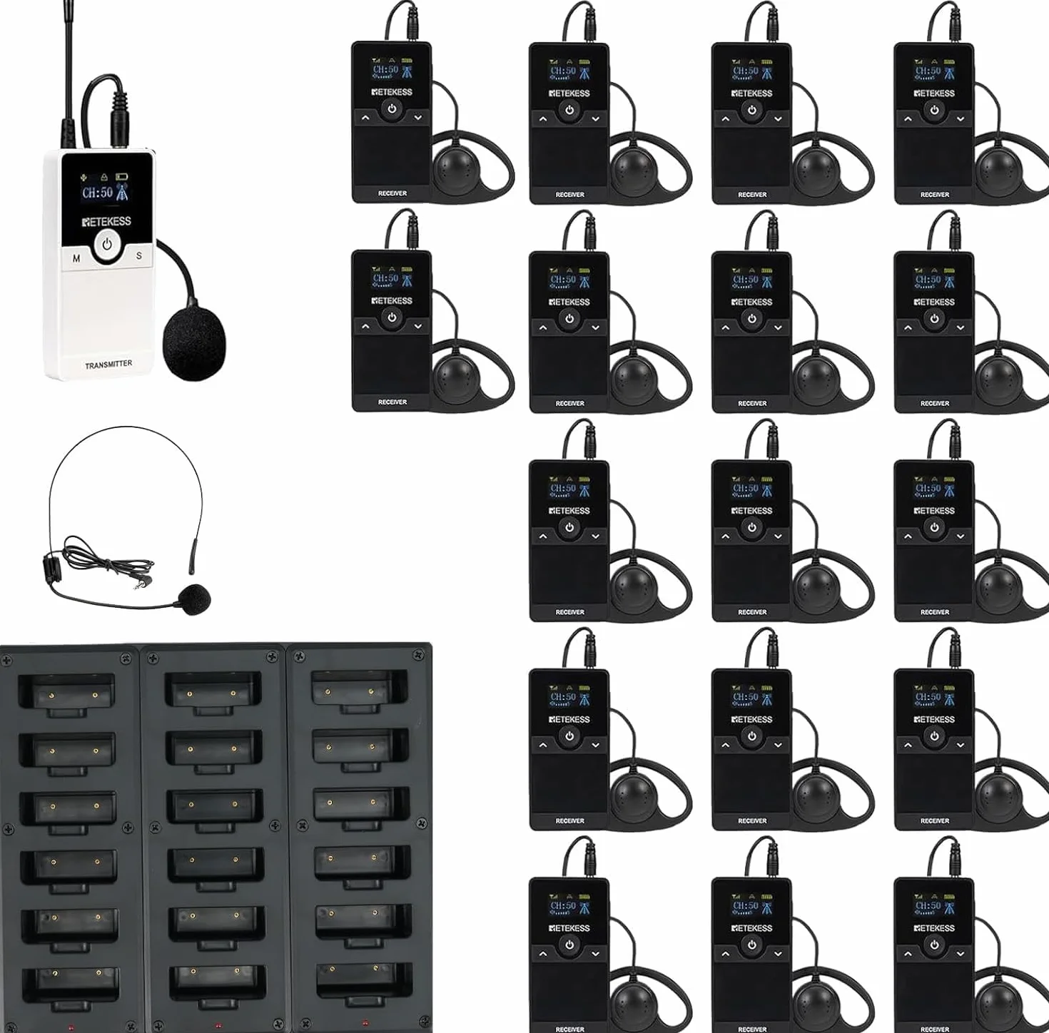 Retekess TT116 Tour Guide System, Sistema de Guía Turística Inalámbrica, Reducción de Ruido, 200m, Auriculares D, con Cargador de 18 Puertos para Fábrica, Viajar (1 Transmisor, 17 Receptores)