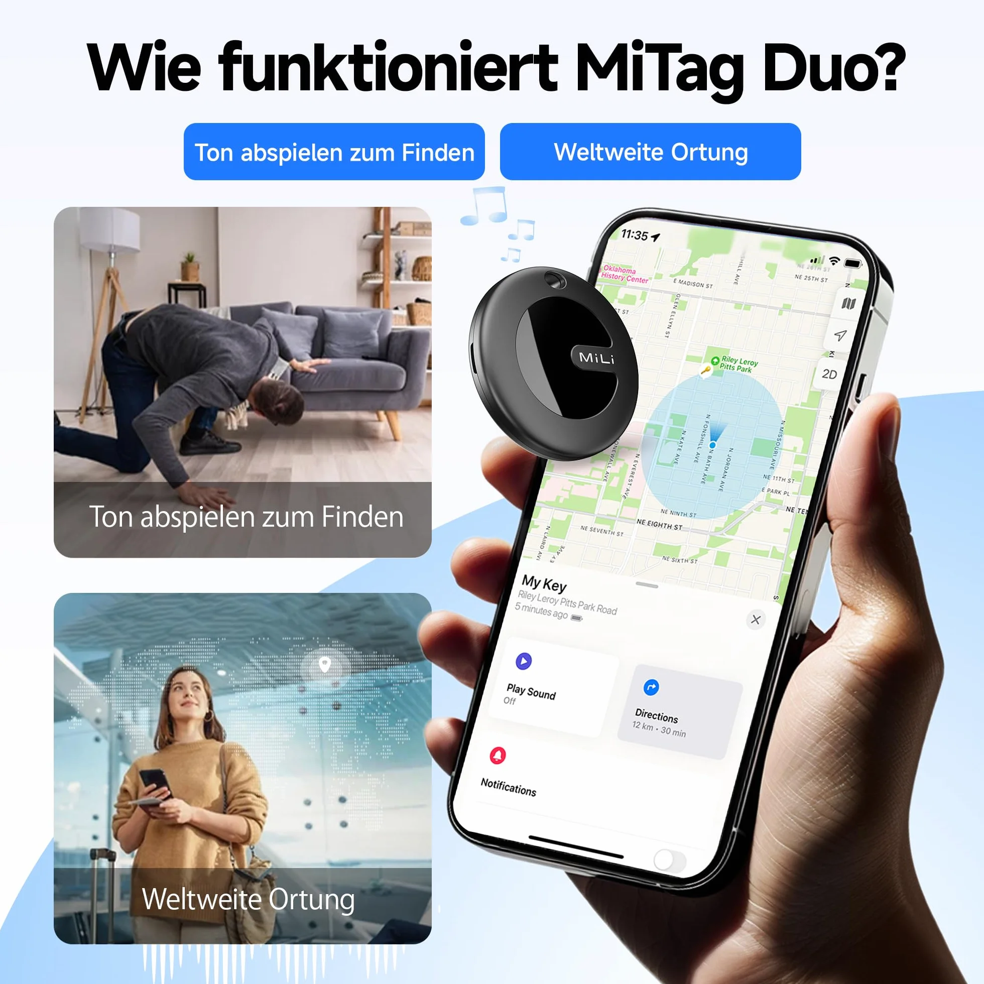 MiLi MiTag Duo Smart Tag para iOS y Android, Compatible con Apple Buscar y Google Localizador, Bluetooth Key Finder para Equipaje/Bolsos/maletín/Cartera, 4 Pack