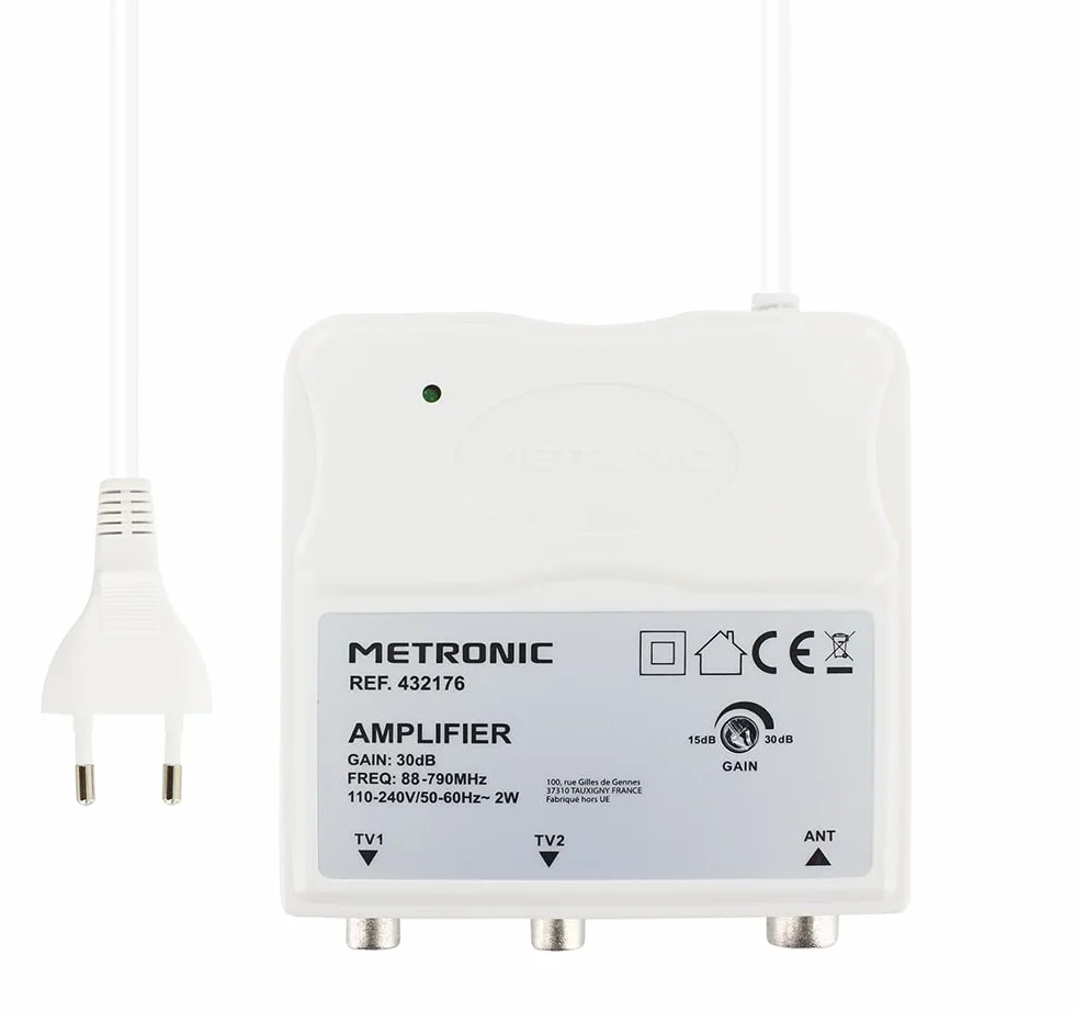 Metronic Amplificador Interior FM/VHF/UHF 30 dB Filtro 4G DAB+ Blanco