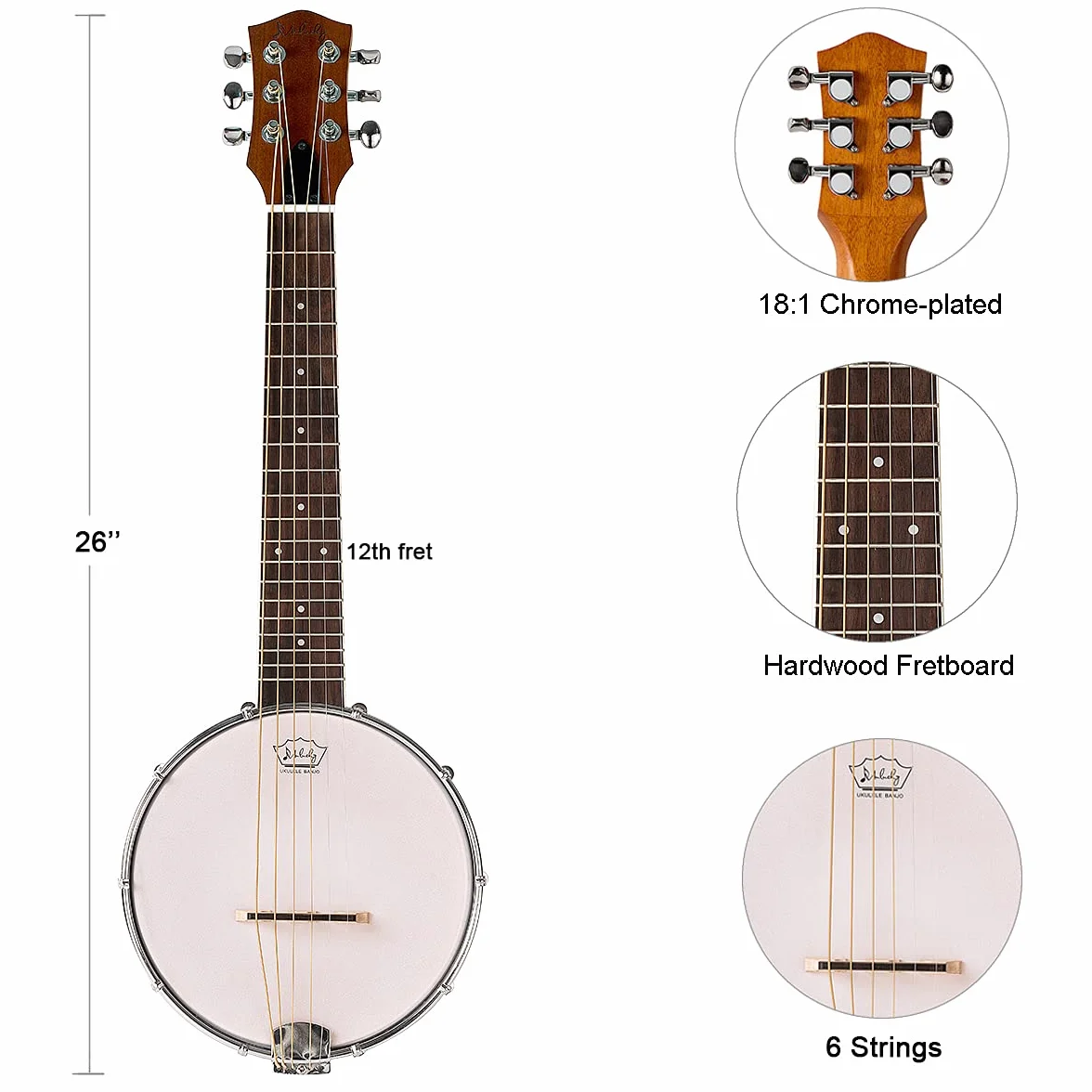 Mulucky Banjo de 6 cuerdas, tamaño de concierto de guitarra Banjo de 26 pulgadas, mini banjitar, parte trasera cerrada de madera maciza, kit para principiantes con bolsa de armadura, afinador, púas de