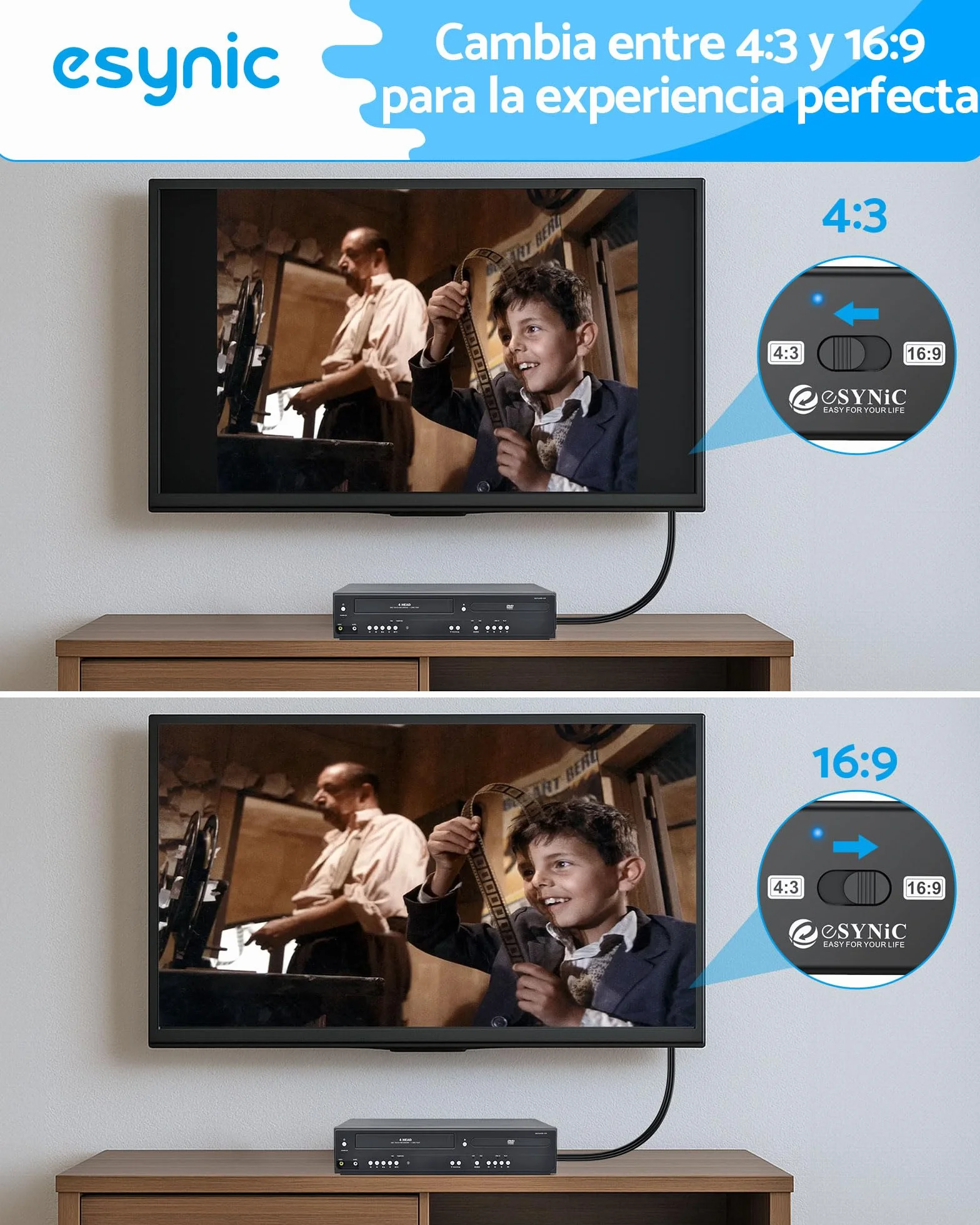 eSynic Convertidor SCART a HDMI 1080P, Conversor Euroconector a HDMI con Cable SCART Integrado 1.5m & Selector 4:3/16:9, Compatible para VCR/DVD/VHS