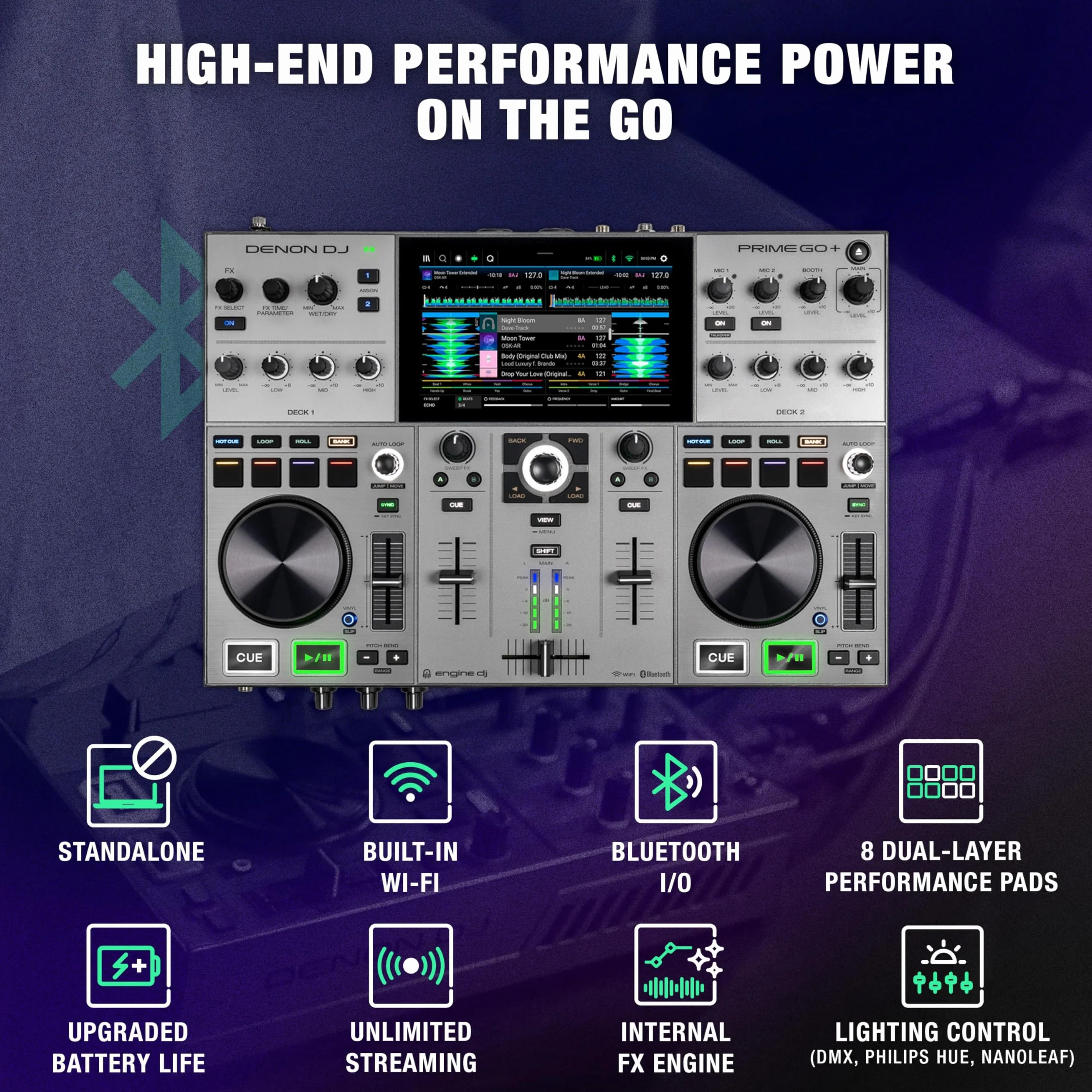 Denon DJ PRIME GO+ Controlador DJ Portátil Autónomo con Bateria Recargable, Pantalla de 7", Mezclador con Separación de Stems, Streaming por Wifi y Bluetooth
