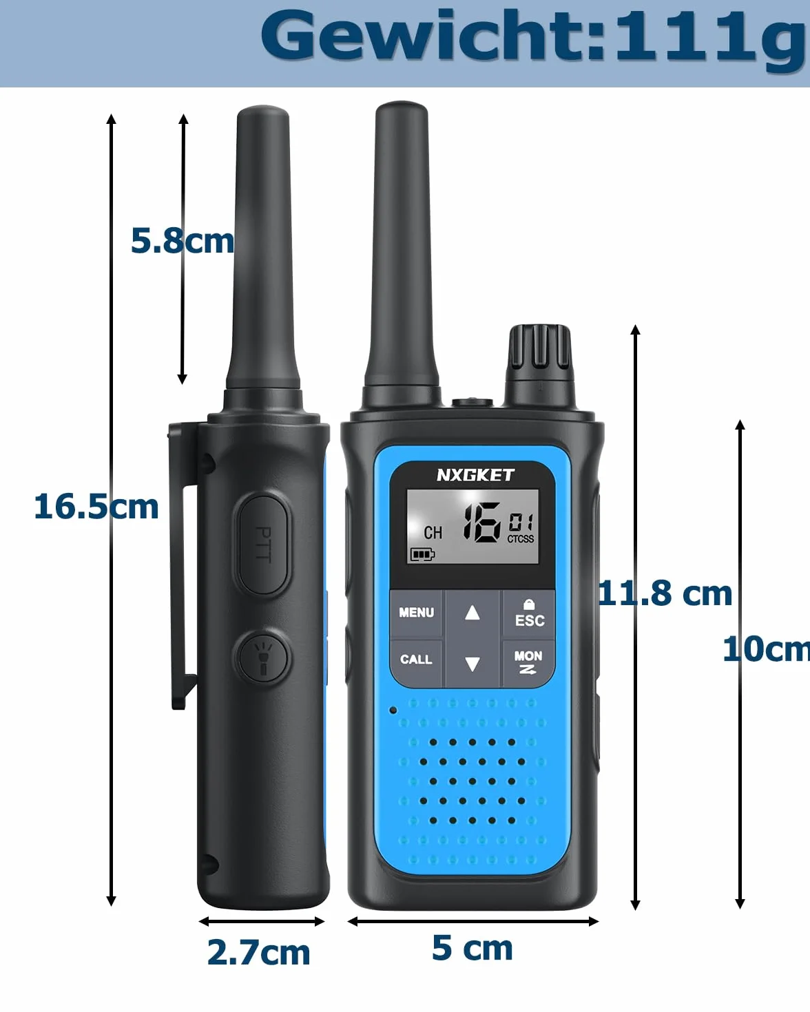 Walkie Talkie Profesional Recargable, NXGKET 3pcs PMR 446 Sin Licencia Radiocomunicación Largo Alcance con Batería Incorporada,16 Canales Radio LCD Pantalla y Luz LED para Camping