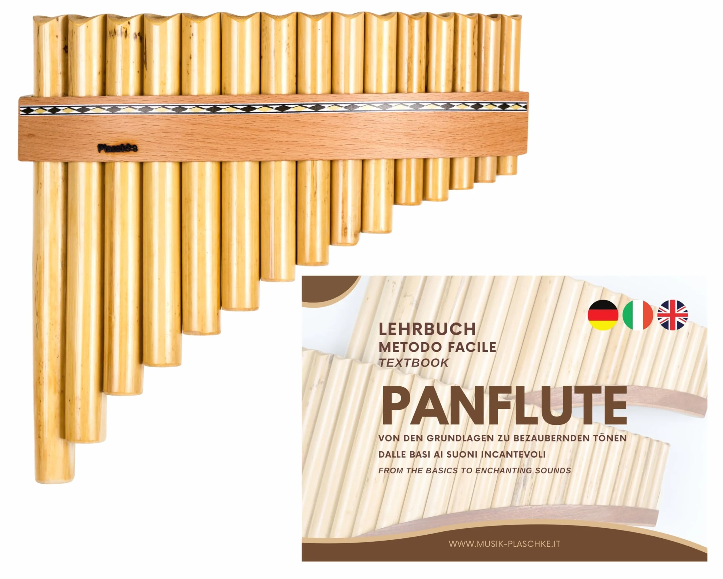 Plaschke Zampoña, Flauta de pan con cinturón de madera, hecha a mano con libro, made in Italy, 15 tubo