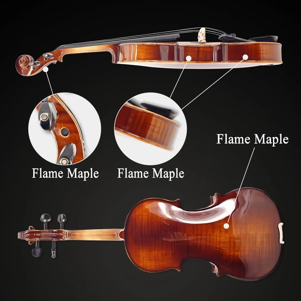 Violín 4/4 conjunto completo para principiantes, adultos, estudiantes, violín de madera maciza de arce y abeto envejecido, accesorios de ébano con estuche rígido, soporte para hombro, arco