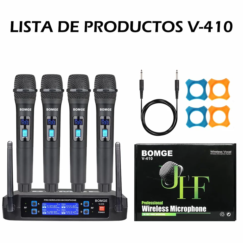 BOMGE Sistema de micrófono inalámbrico, Juego de micrófono inalámbrico Pro de 4 Canales con Cuatro micrófonos de Mano, frecuencia Fija, Largo Alcance de 200 pies, Ideal para Iglesia, Karaoke, Eventos