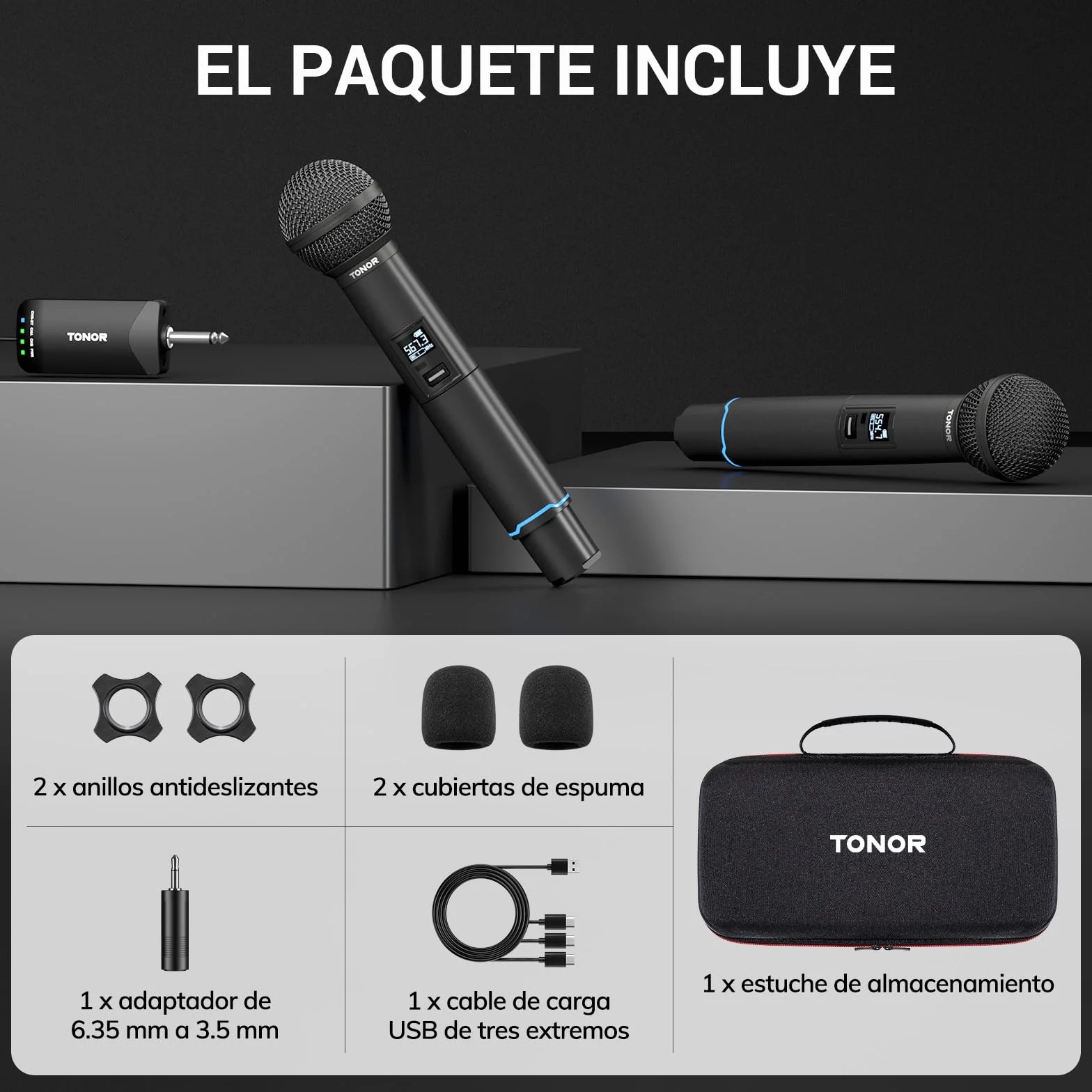 TONOR Micrófono Inalámbricos, Micrófono Metálico Dinámico de Mano Recargable, Receptor de Entrada Bluetooth Auto-Pair, 2x25 Frecuencias UHF,Clic para Silenciar, para Canto/DJ/Boda/Iglesia,100 M, TW720