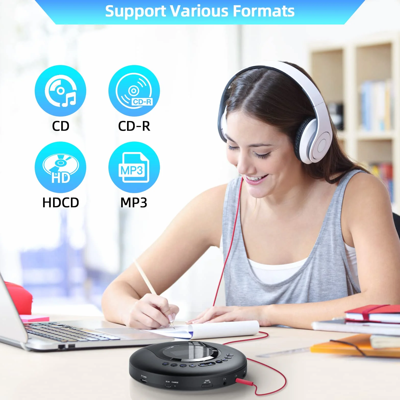 Arafuna Reproductor de CD portátil, Reproductor CD Bluetooth para Coche y niños, Discman CD portatil Recargable de 2000 mAh, protección a Prueba de Golpes, Radio FM, Tomas de Auriculares duales