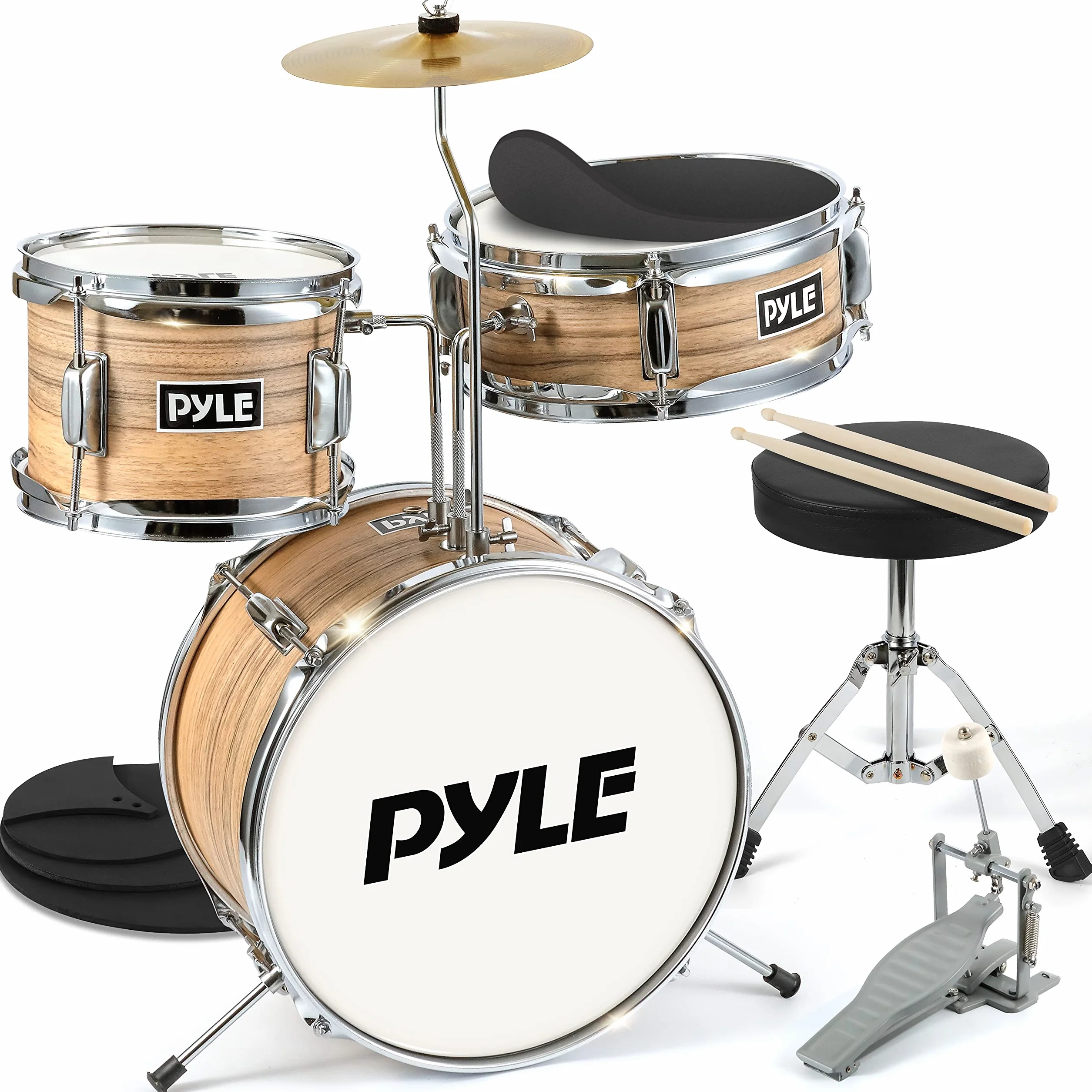 Pyle bateria infantil 5 años en adelante, Principiantes, Bombo de 13”, Snare, Tom, Platillo, Banqueta, Sordinas, Baquetas