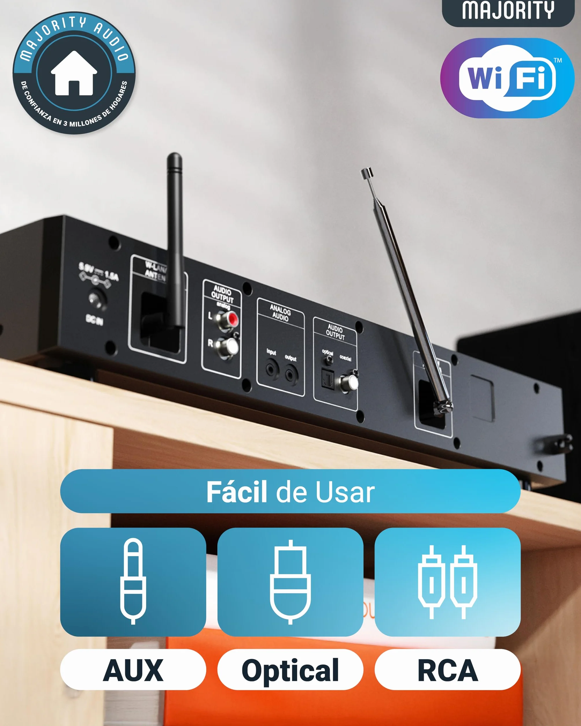 Radio Internet WiFi Sintonizador | Receptor de Radio Digital Dab+ & FM | Spotify Connect & Podcasts | Bluetooth Adaptor para Pila HiFi | Mando a Distancia Incluido | MAJORITY Fitzwilliam (Negro)