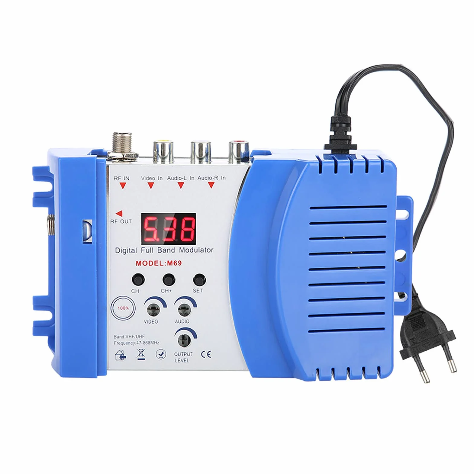 Modulador RF, Modulador M69L para TV Doméstica, Convertidor de Señal AV a RF, Adaptador de Frecuncia Dual VHF y UHF, Conversor con Salidas Ajustables, Compatible con Todos los Sistemas CATV(Plug UE.)